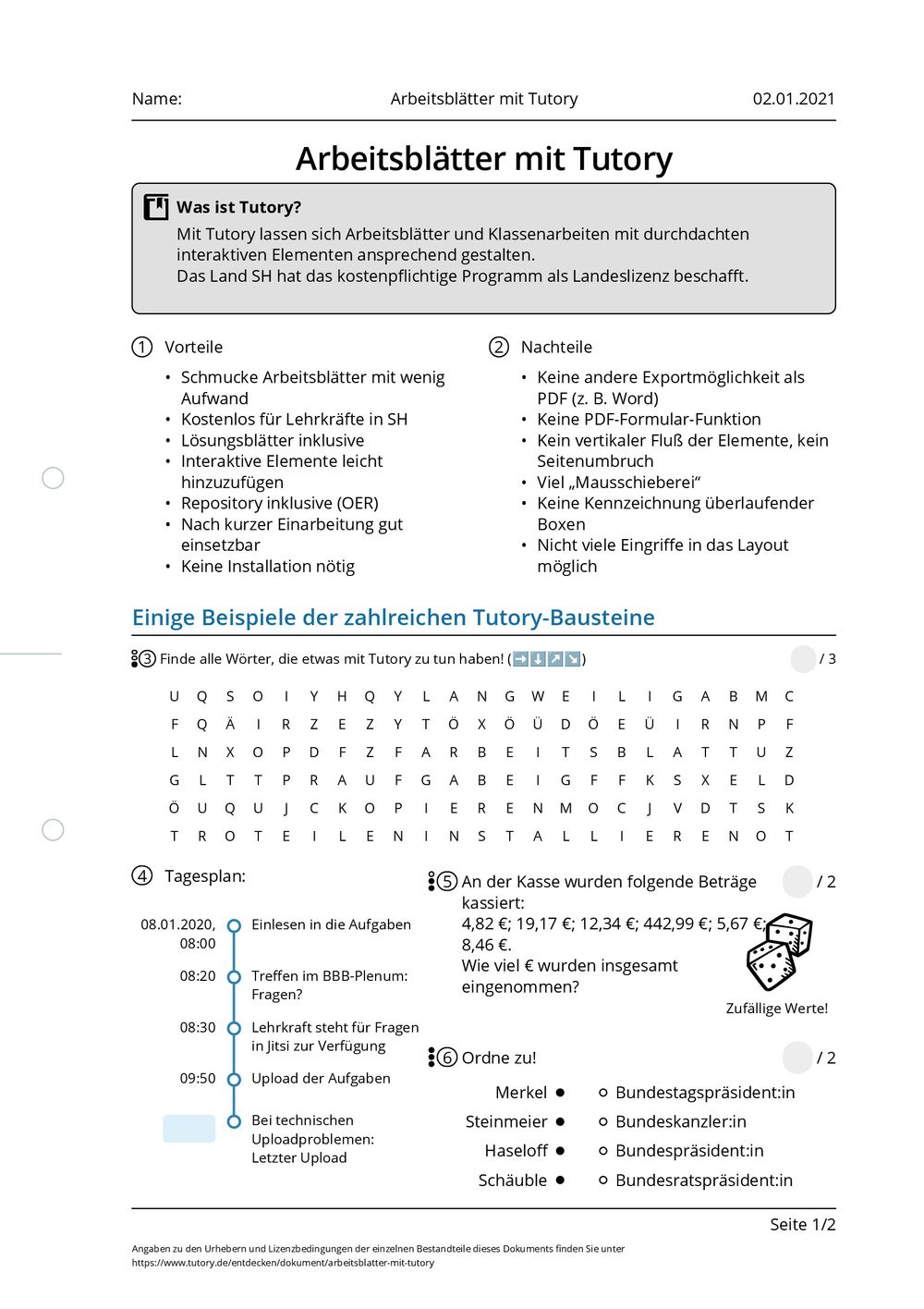 Tutory Arbeitsblätter
 Arbeitsblatt Arbeitsblätter mit Tutory tutory