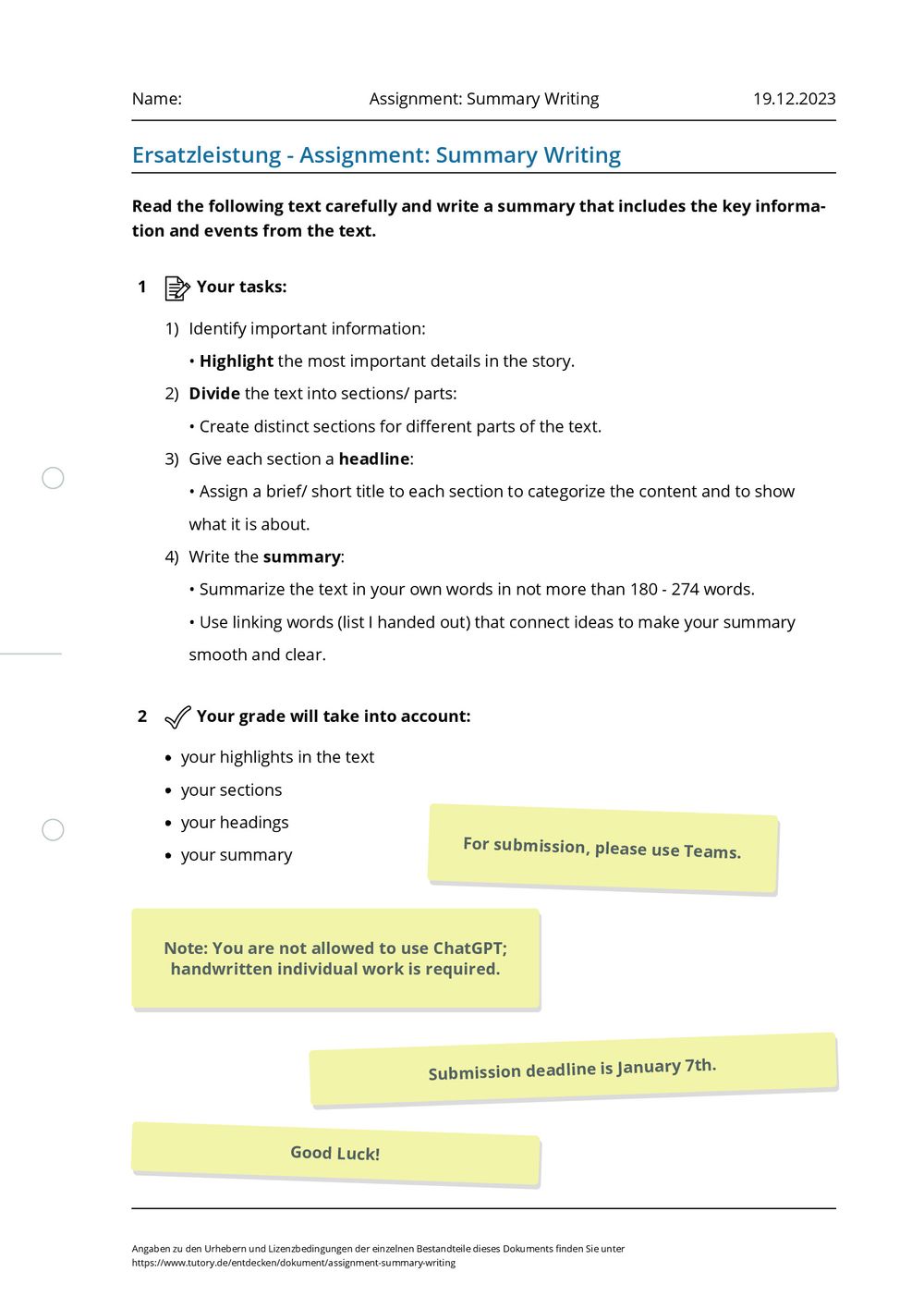 Arbeitsblatt - Assignment: Summary Writing - Tutory.de