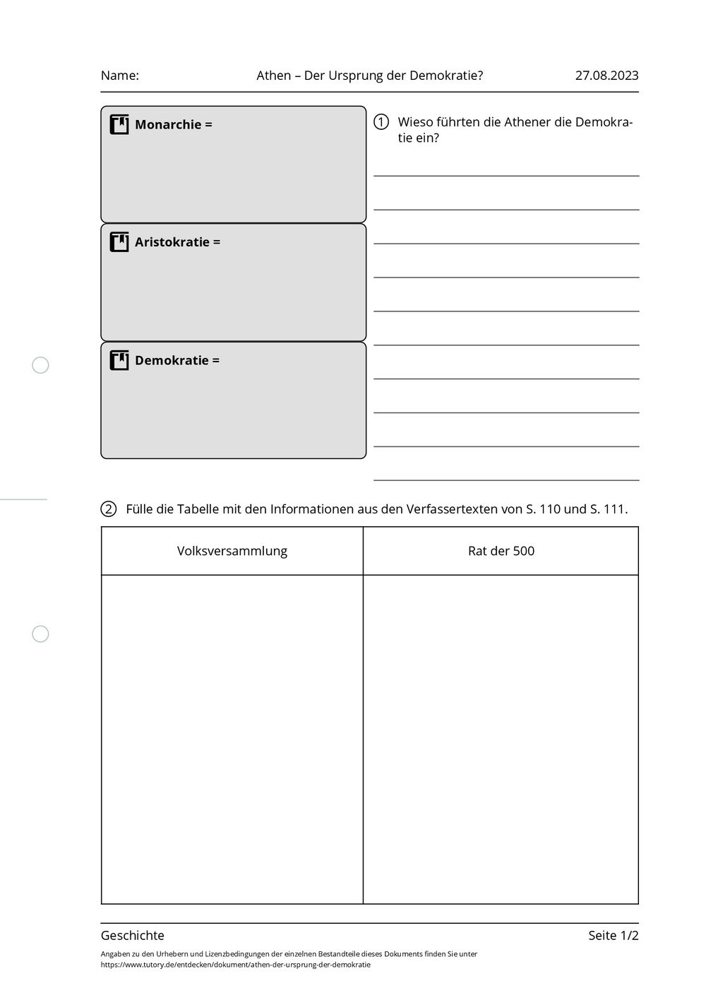 Arbeitsblatt - Athen – Der Ursprung der Demokratie? - Geschichte