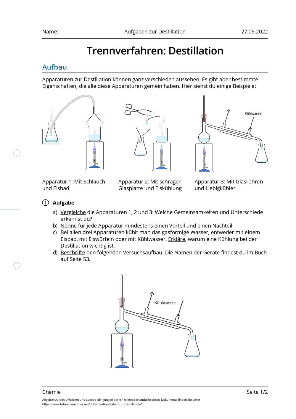 Arbeitsblatt Aufgaben Zur Destillation Chemie Tutoryde 4759