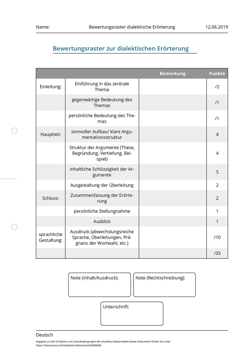Arbeitsblatt   Bewertungsraster Dialektische Erörterung   Deutsch