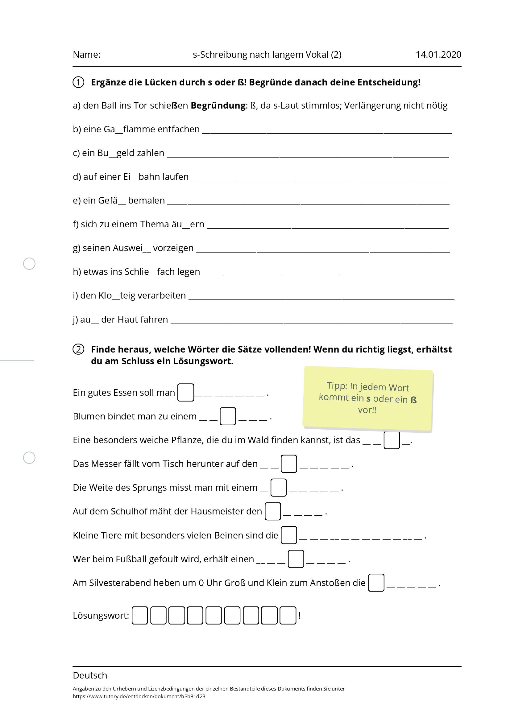 Arbeitsblatt - S-Schreibung Nach Langem Vokal (2) - Deutsch - Tutory.de