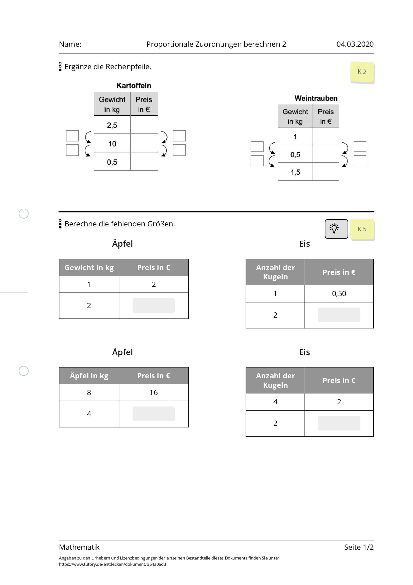 Arbeitsblatt - Proportionale Zuordnungen Berechnen 2 - Mathematik ...