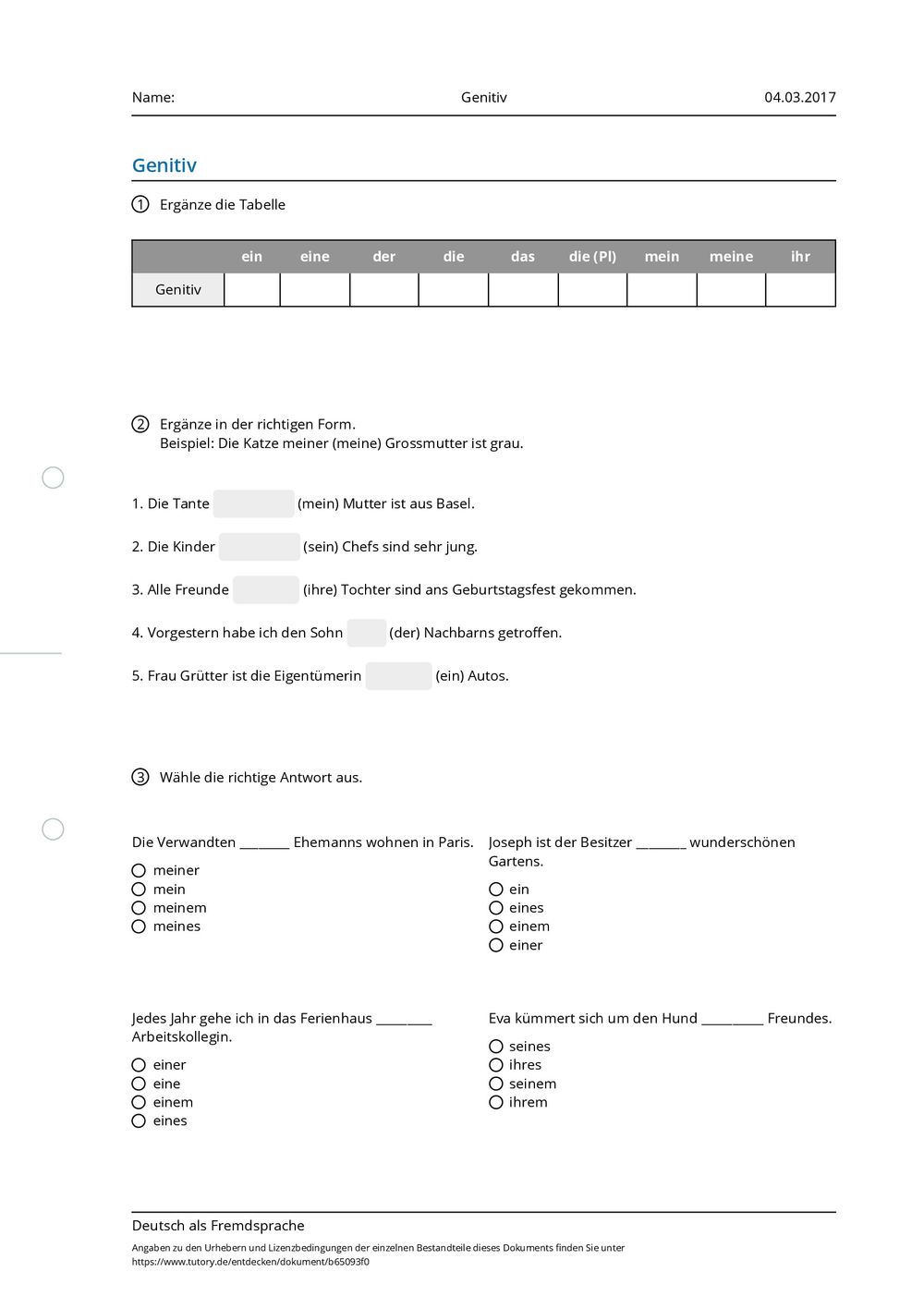 Arbeitsblatt - Genitiv - Deutsch als Fremdsprache - tutory.de