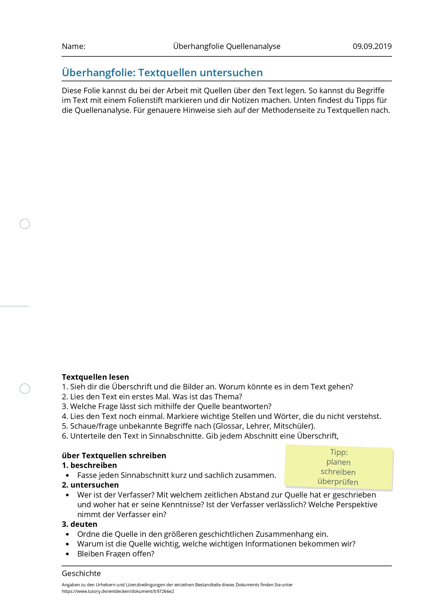 Arbeitsblatt - Überhangfolie Quellenanalyse - Geschichte - Tutory.de