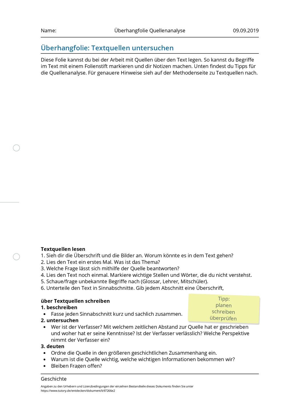 Arbeitsblatt - Überhangfolie Quellenanalyse - Geschichte - tutory.de