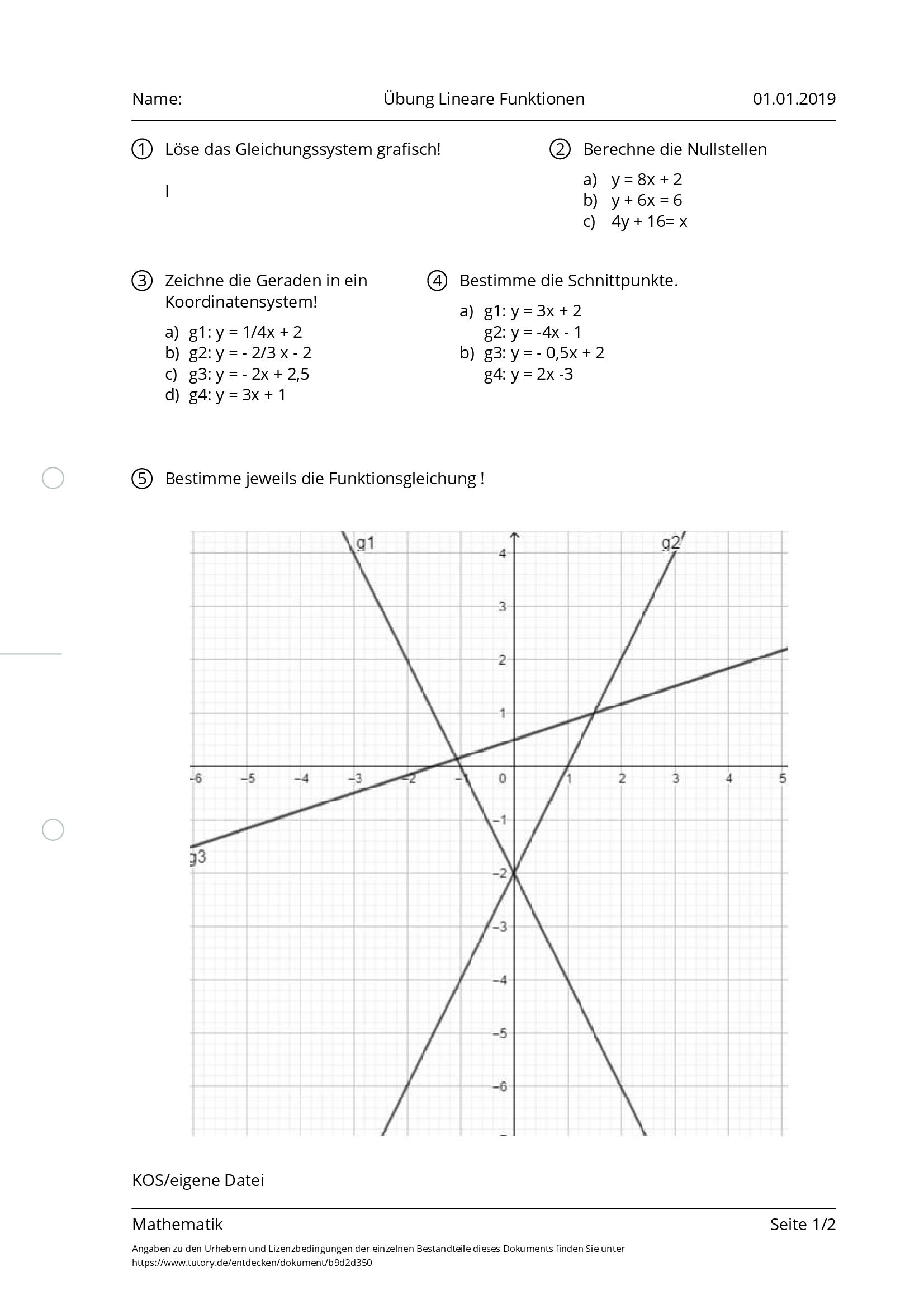 Arbeitsblatt - Übung Lineare Funktionen - Mathematik - Mittlere Reife ...