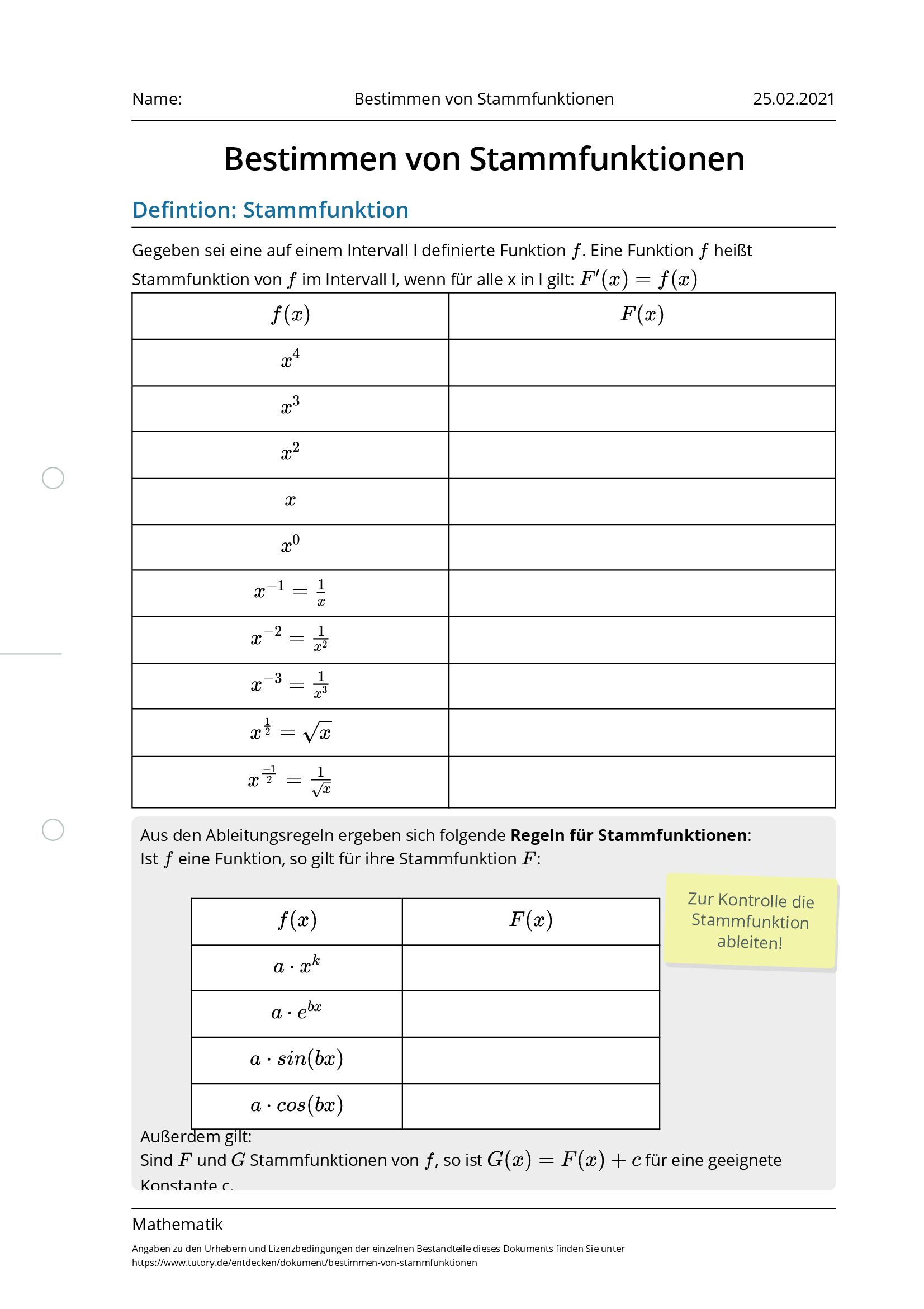 Arbeitsblatt - Bestimmen Von Stammfunktionen - Mathematik - Tutory.de