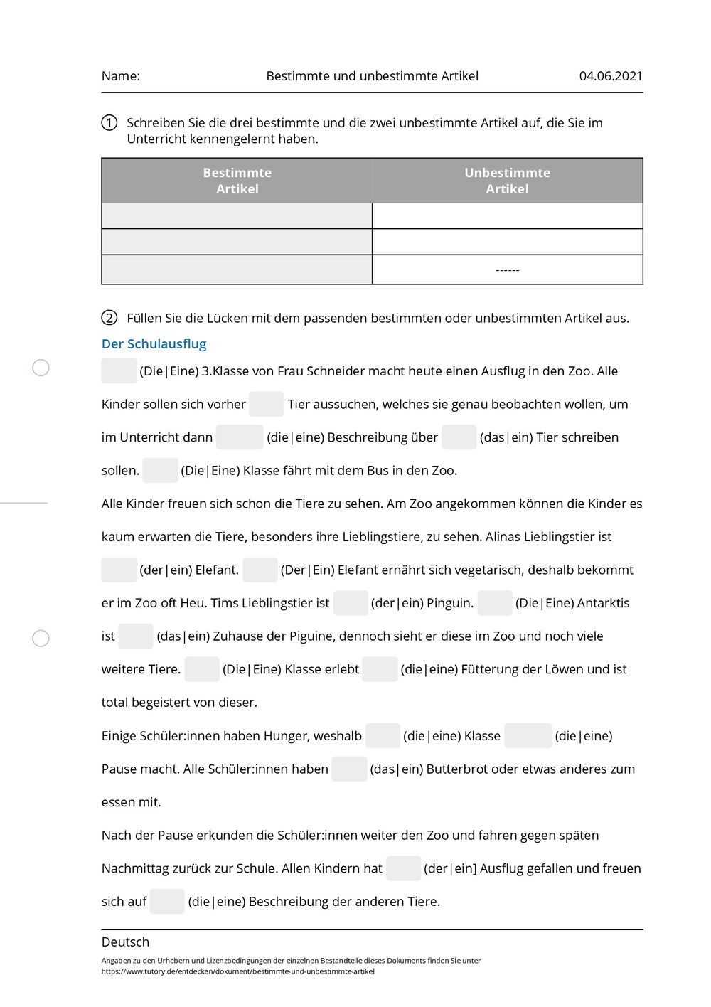 Arbeitsblatt - Bestimmte und unbestimmte Artikel - Deutsch - tutory.de