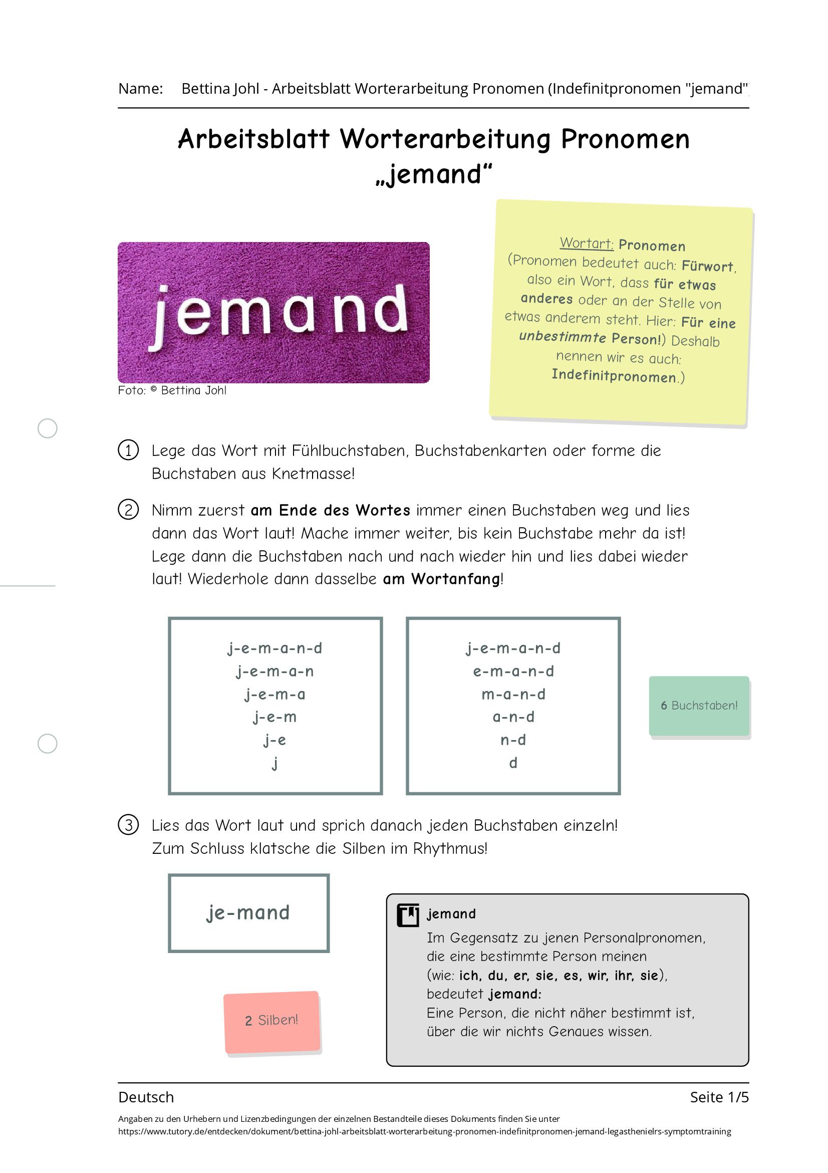 Arbeitsblatt - Bettina Johl - Arbeitsblatt Worterarbeitung Pronomen ...