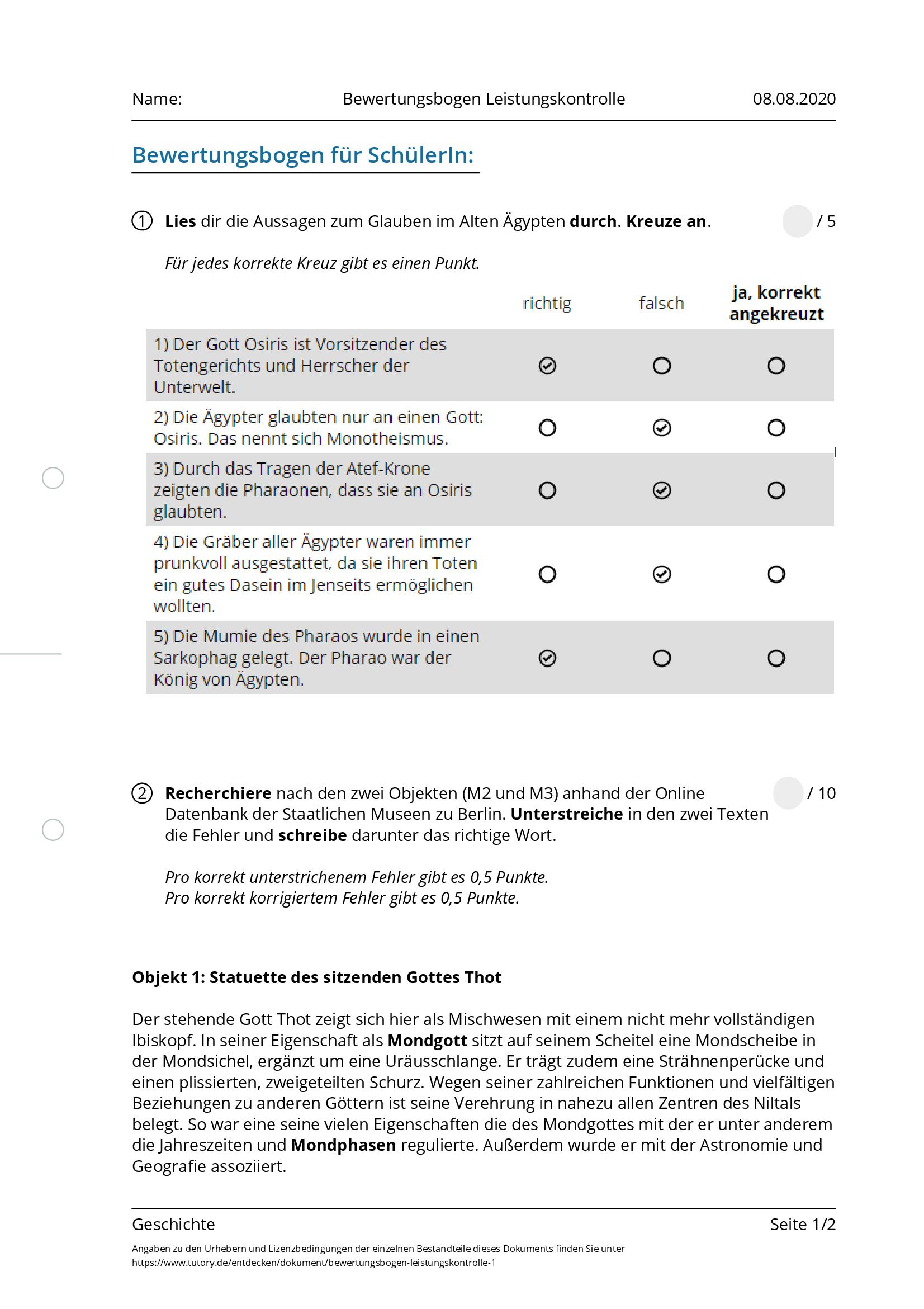 Arbeitsblatt - Bewertungsbogen Leistungskontrolle - Geschichte - Tutory.de