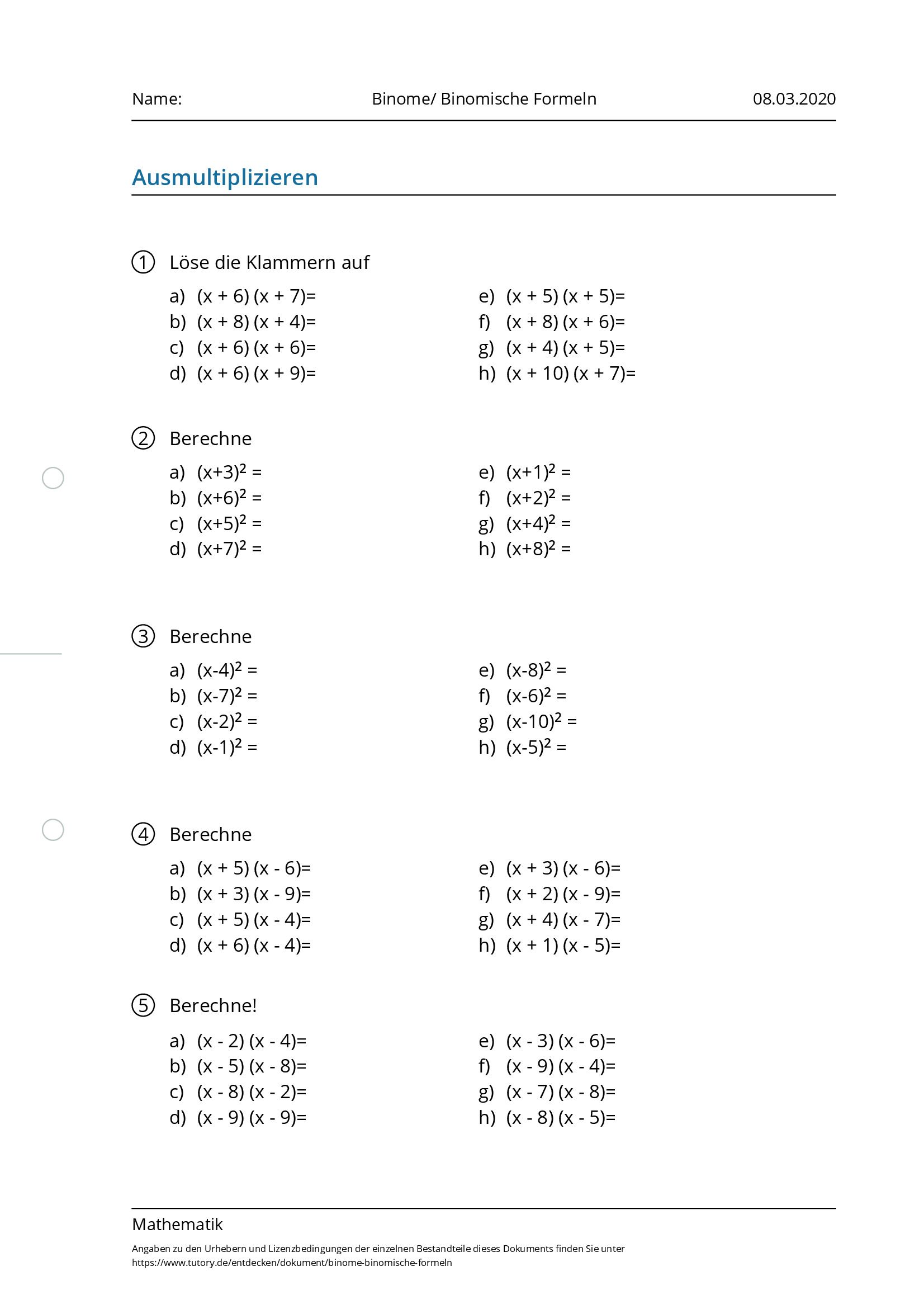 Arbeitsblatt - Binome/ Binomische Formeln - Mathematik - Tutory.de