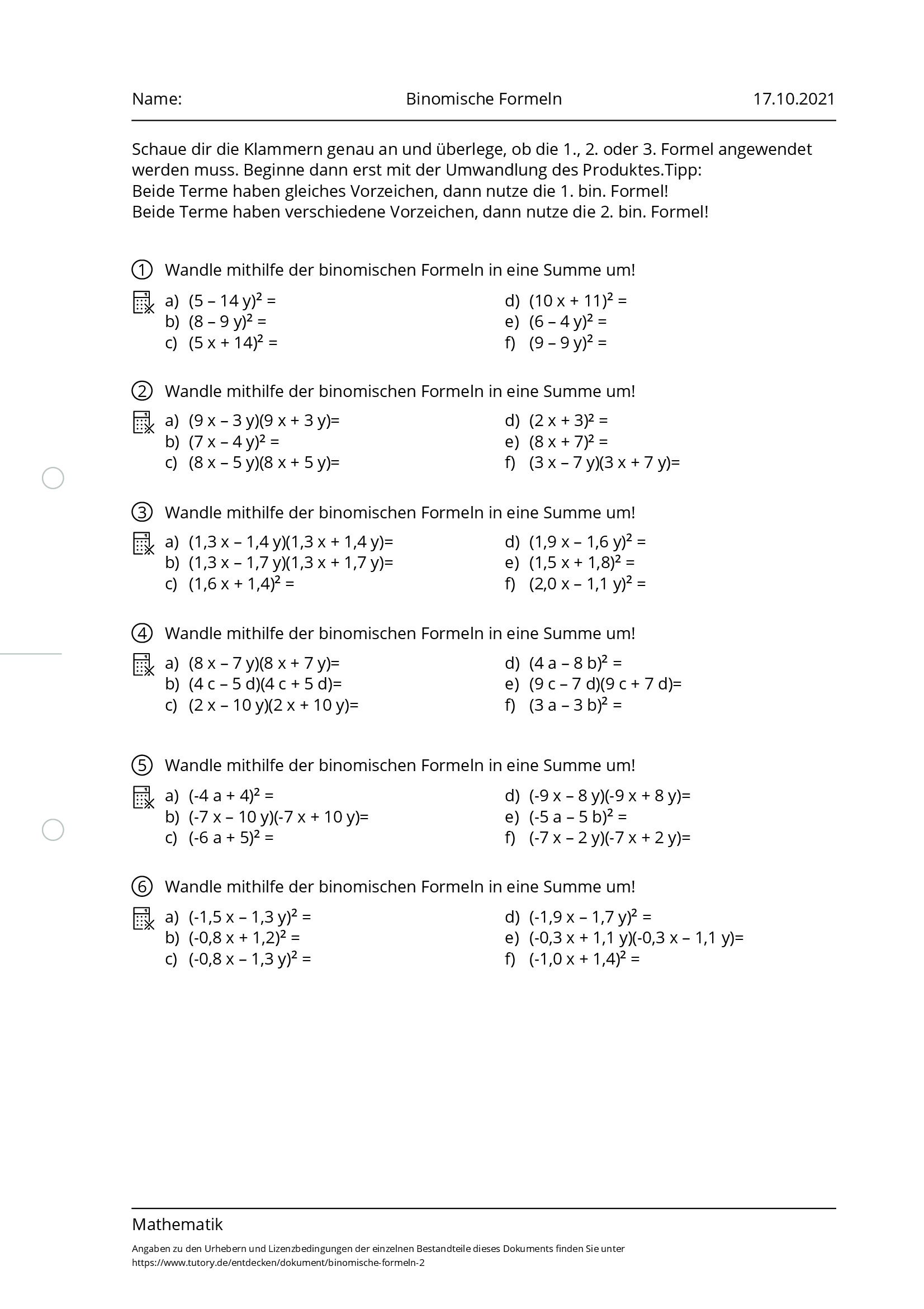 Arbeitsblatt - Binomische Formeln - Mathematik - Tutory.de