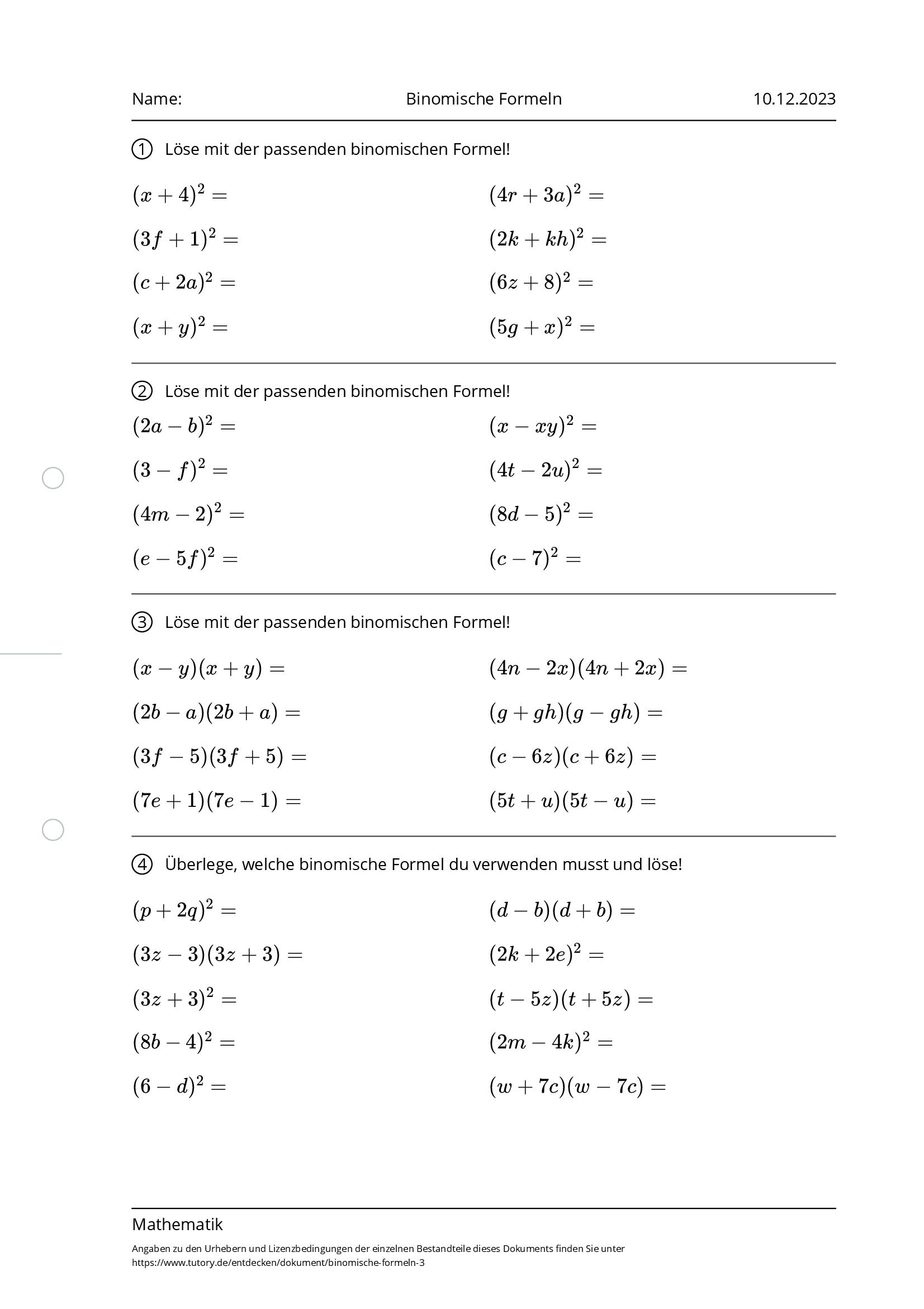 Arbeitsblatt - Binomische Formeln - Mathematik - Tutory.de