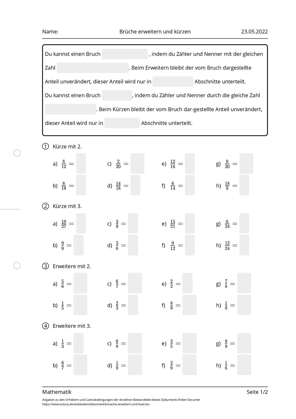 Brüche Kürzen Und Erweitern Arbeitsblatt
 Arbeitsblatt Brüche erweitern und kürzen Mathematik tutory