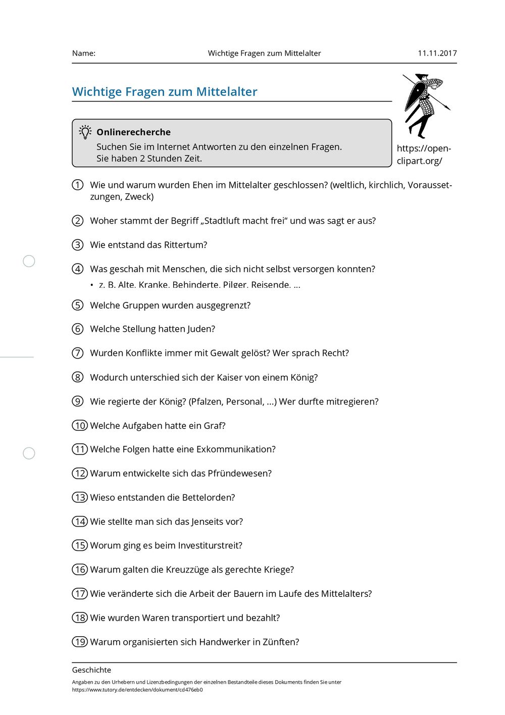 Arbeitsblatt - Wichtige Fragen zum Mittelalter - Geschichte