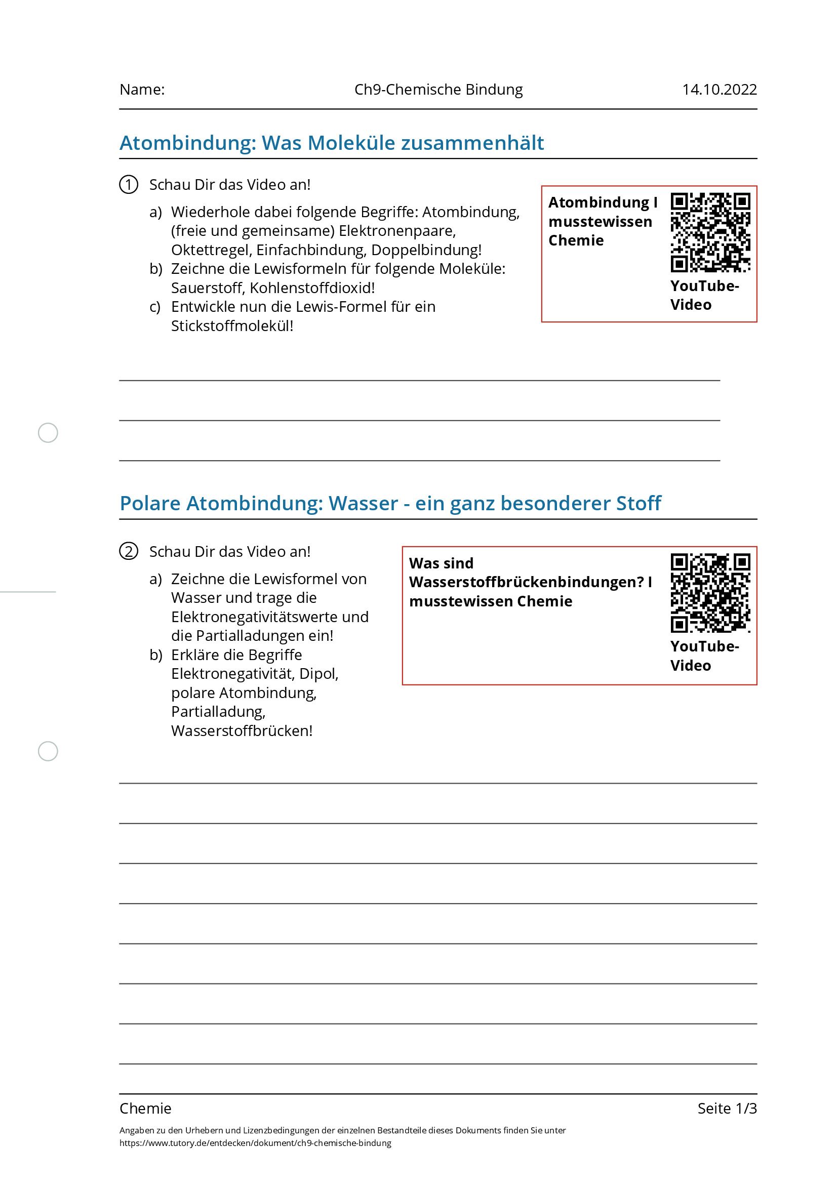 Arbeitsblatt - Ch9-Chemische Bindung - Chemie - Tutory.de