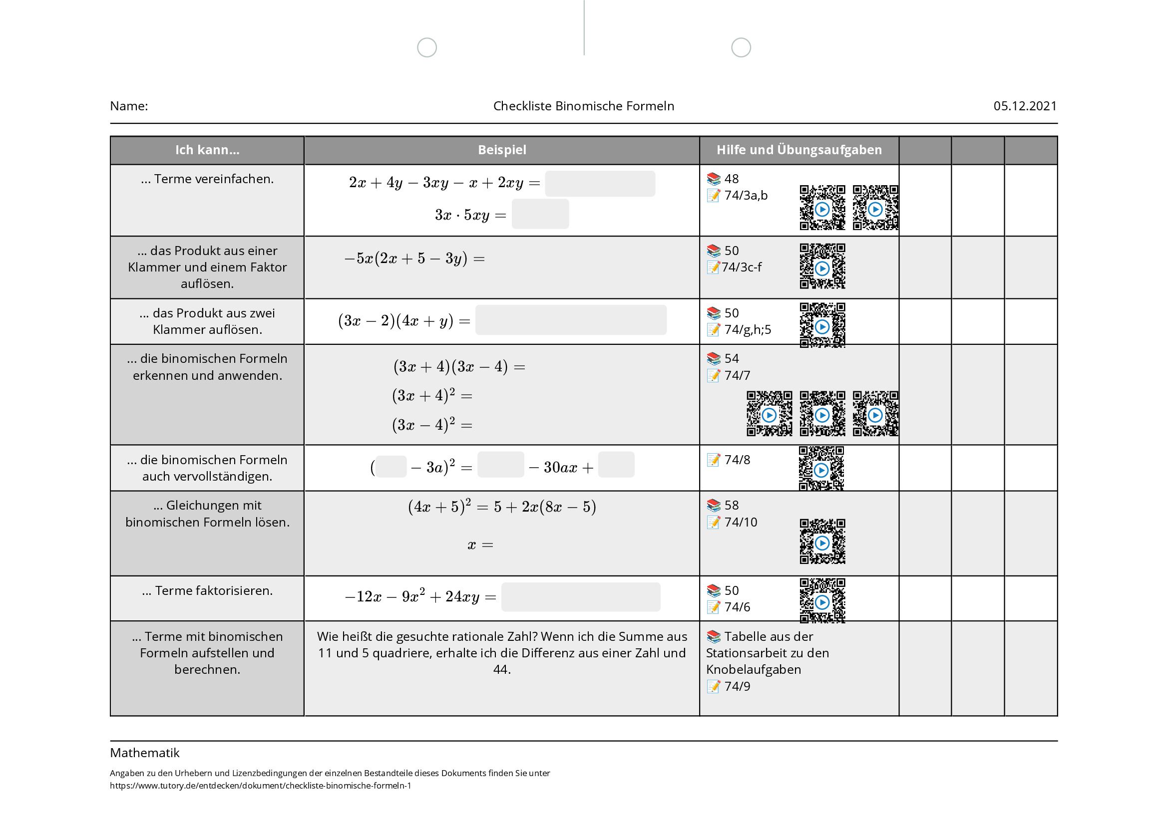 Arbeitsblatt - Checkliste Binomische Formeln - Mathematik - Tutory.de