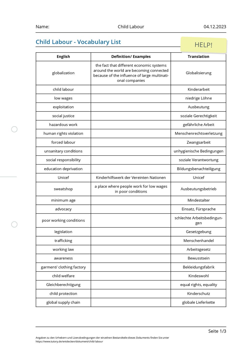 Arbeitsblatt - Child Labour - tutory.de