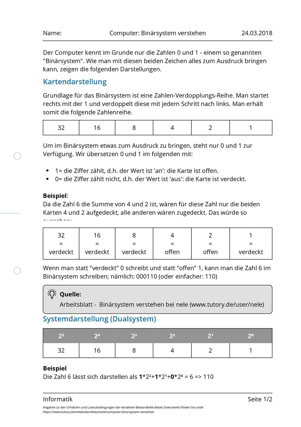 Informatik Arbeitsblätter
 Arbeitsblatt puter Binärsystem verstehen Informatik