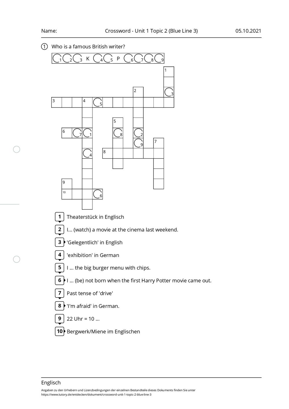 Arbeitsblatt Crossword Unit 1 Topic 2 (Blue Line 3) Englisch