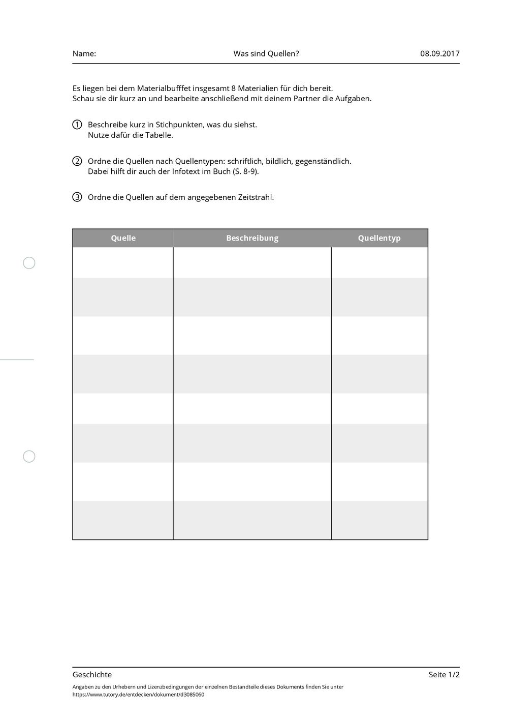 Arbeitsblatt - Was sind Quellen? - Geschichte - Allgemeine