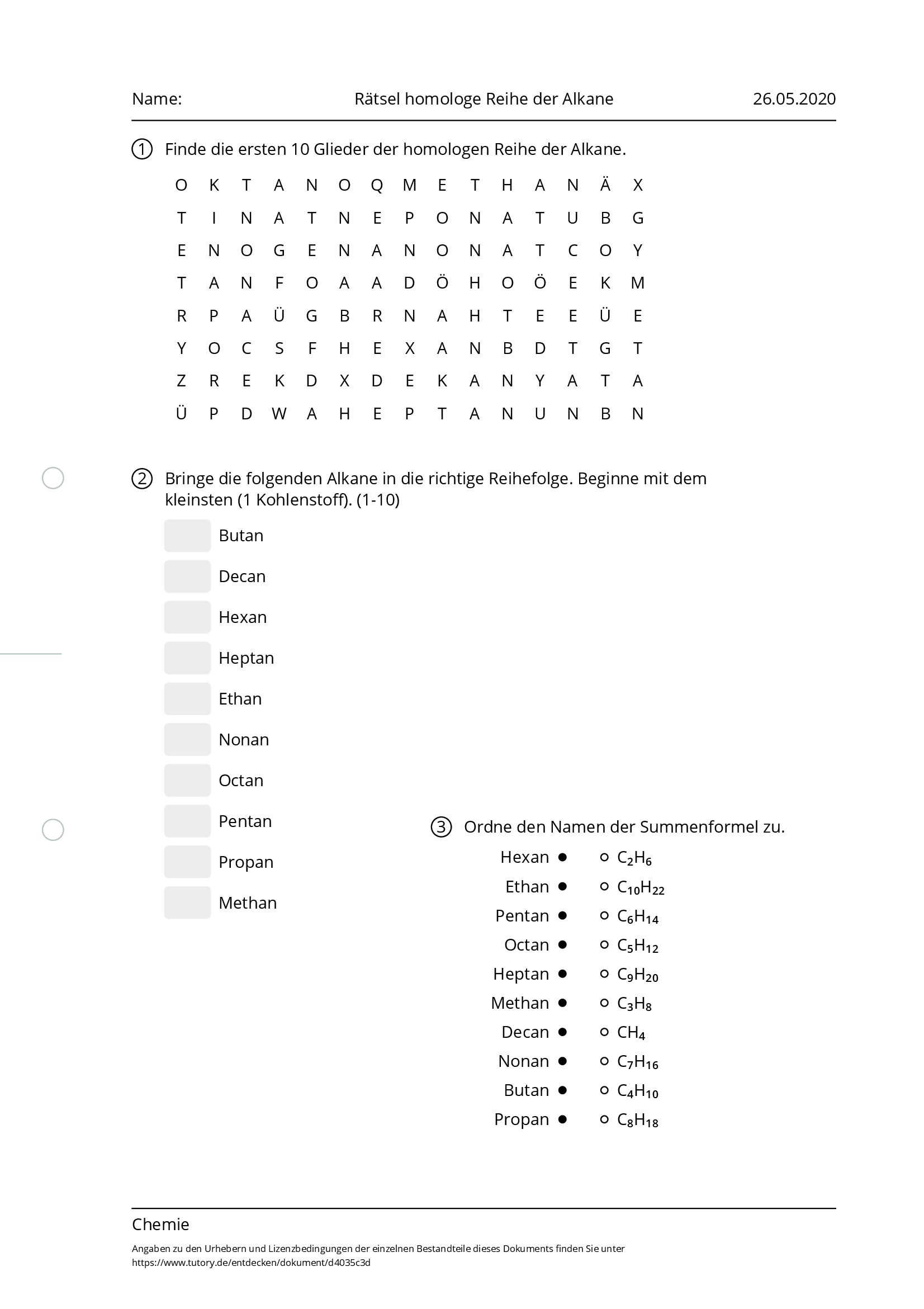 Arbeitsblatt - Rätsel Homologe Reihe Der Alkane - Chemie - Tutory.de