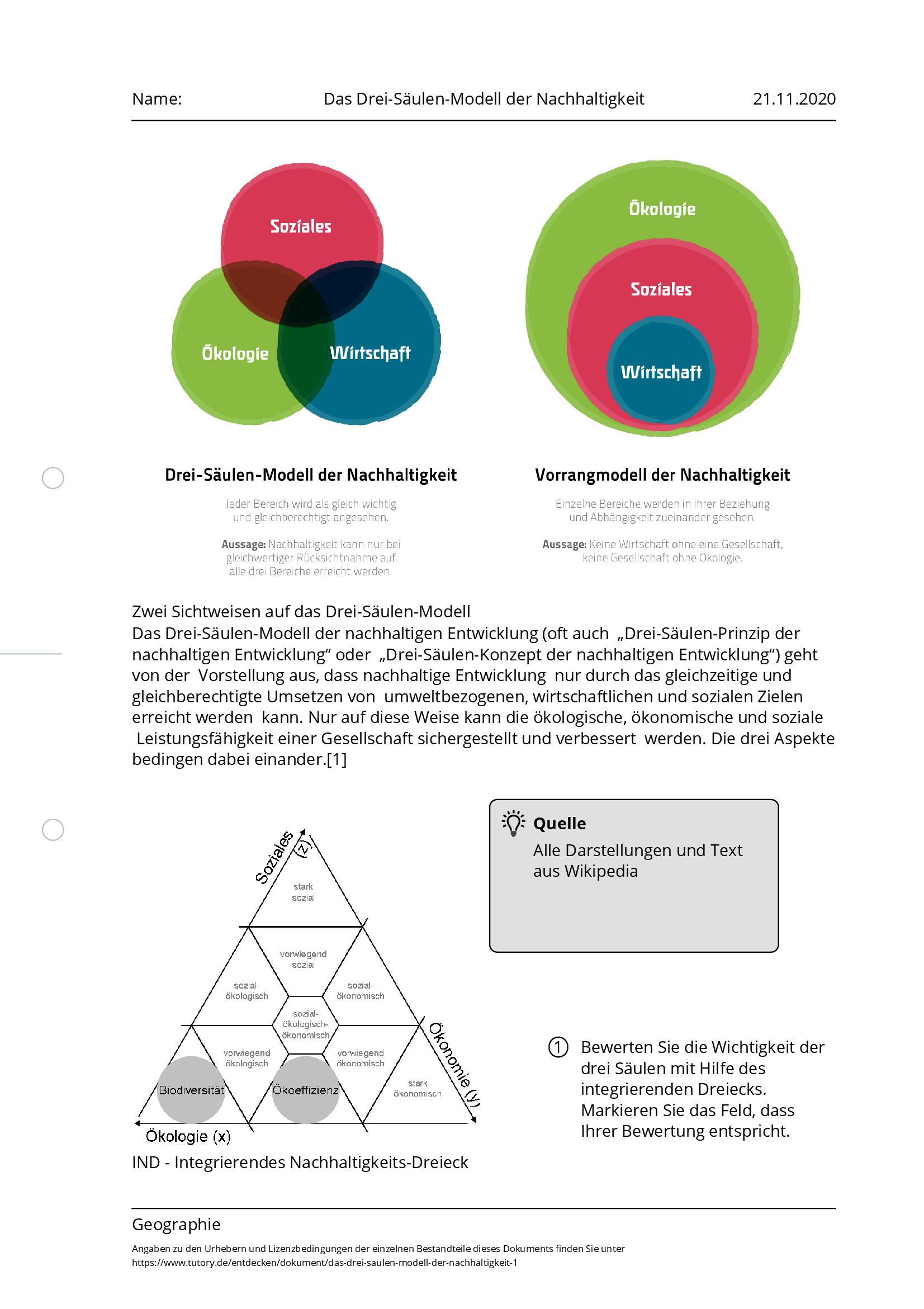 Arbeitsblatt - Das Drei-Säulen-Modell Der Nachhaltigkeit - Geographie ...