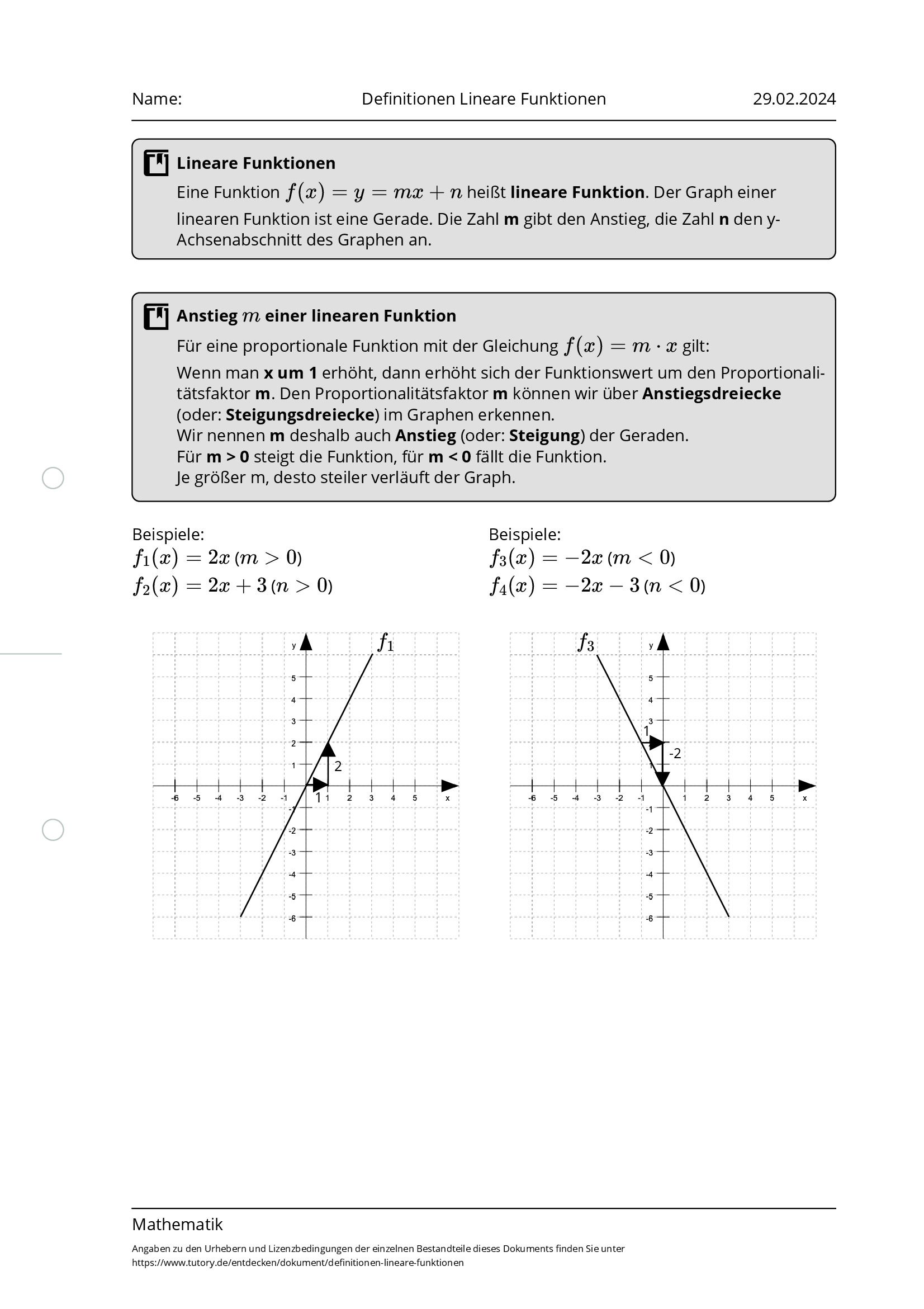 Arbeitsblatt - Definitionen Lineare Funktionen - Mathematik - Tutory.de