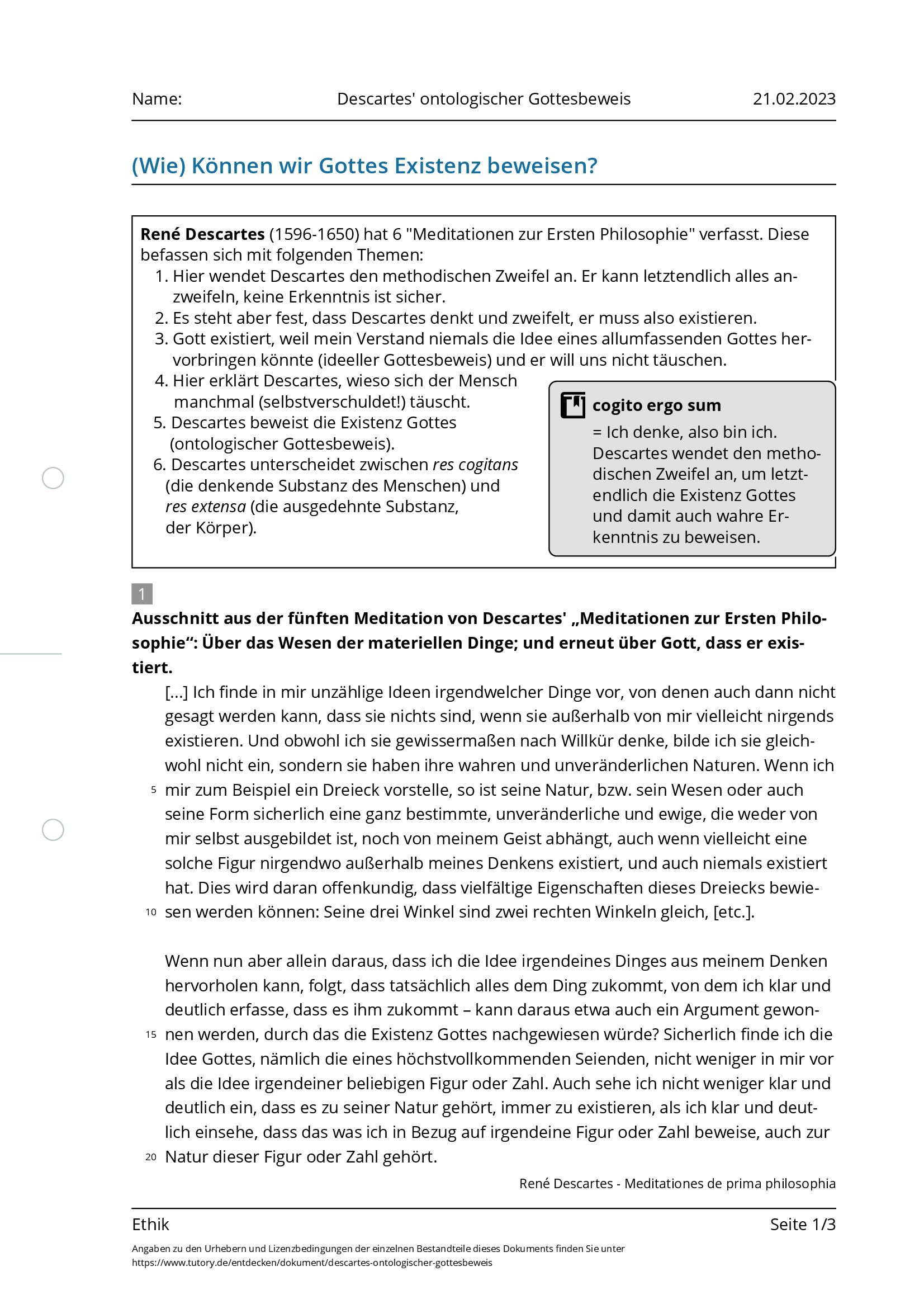 Arbeitsblatt - Descartes' Ontologischer Gottesbeweis - Ethik - Tutory.de