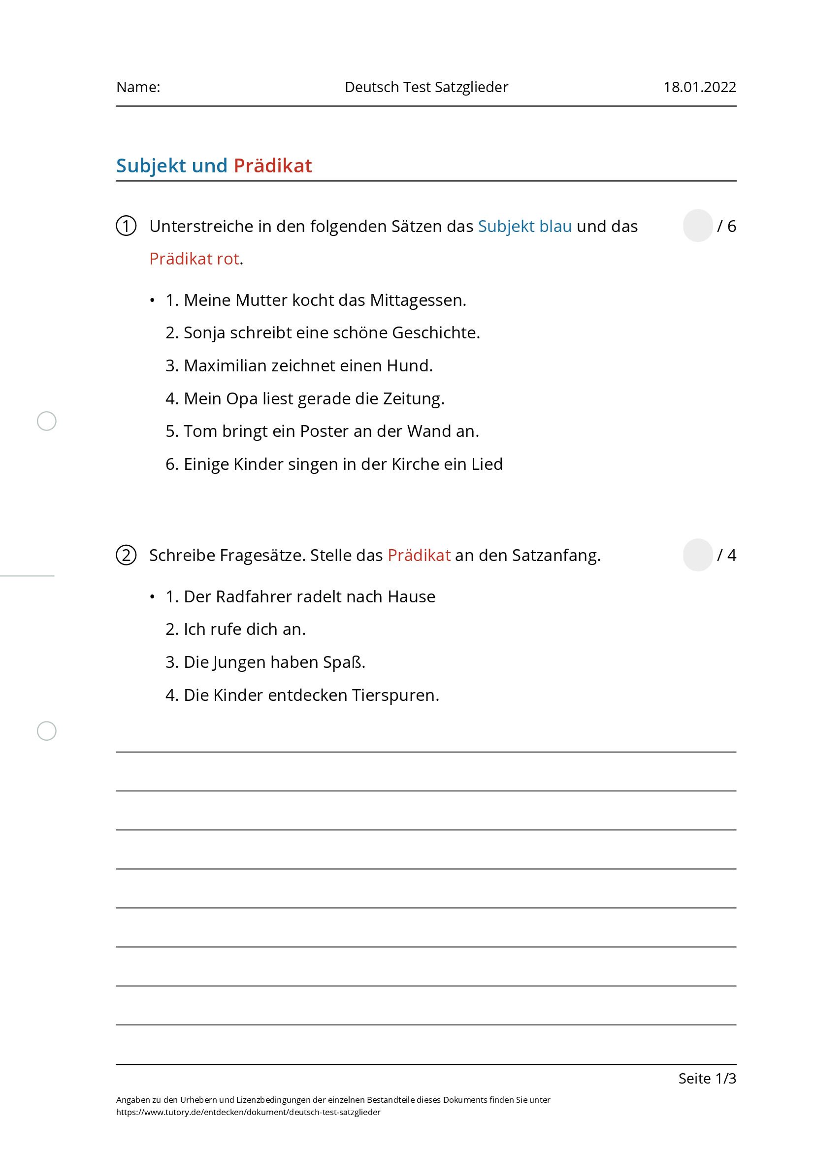 Arbeitsblatt - Deutsch Test Satzglieder - Tutory.de