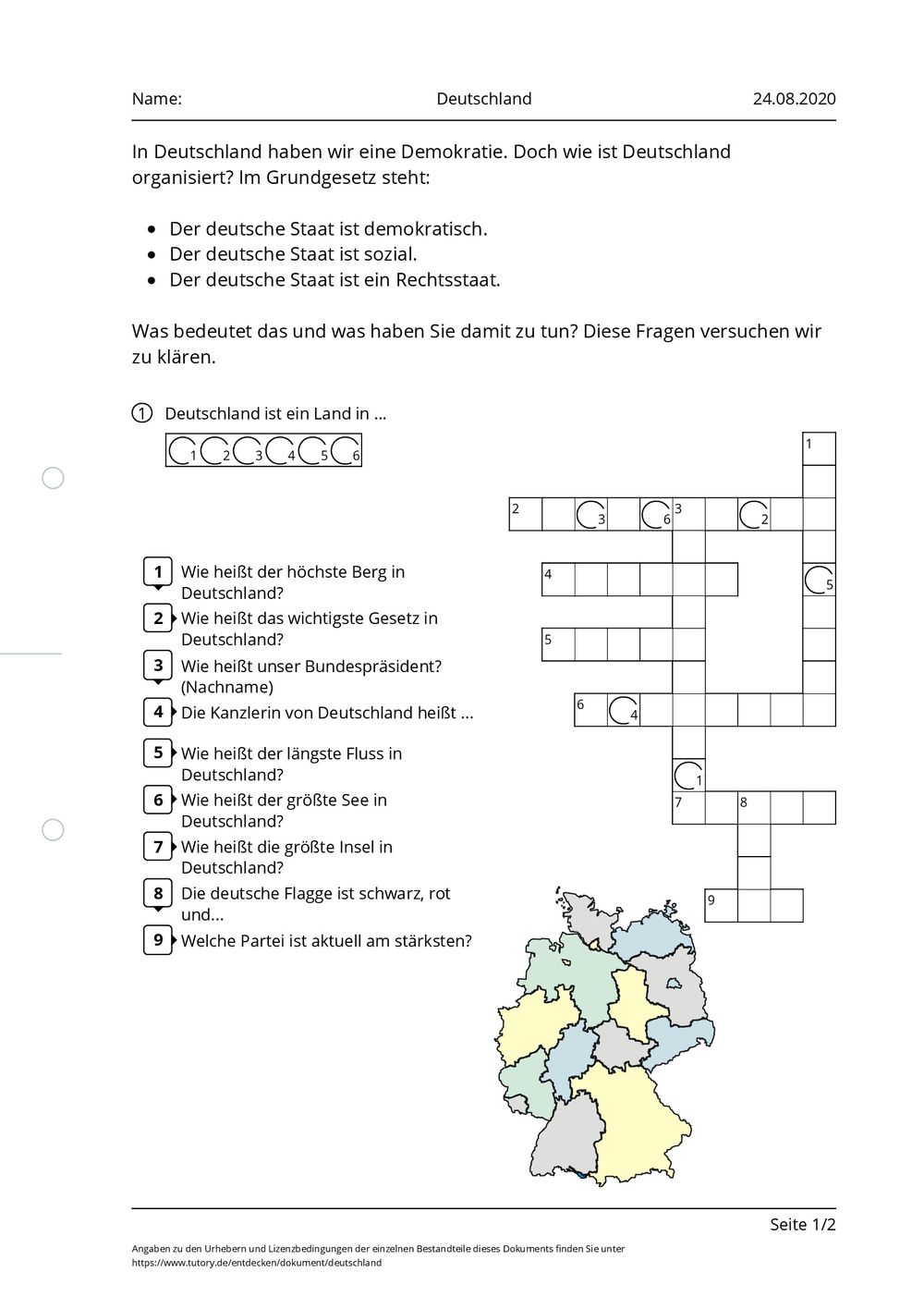 Arbeitsblatt - Deutschland - tutory.de