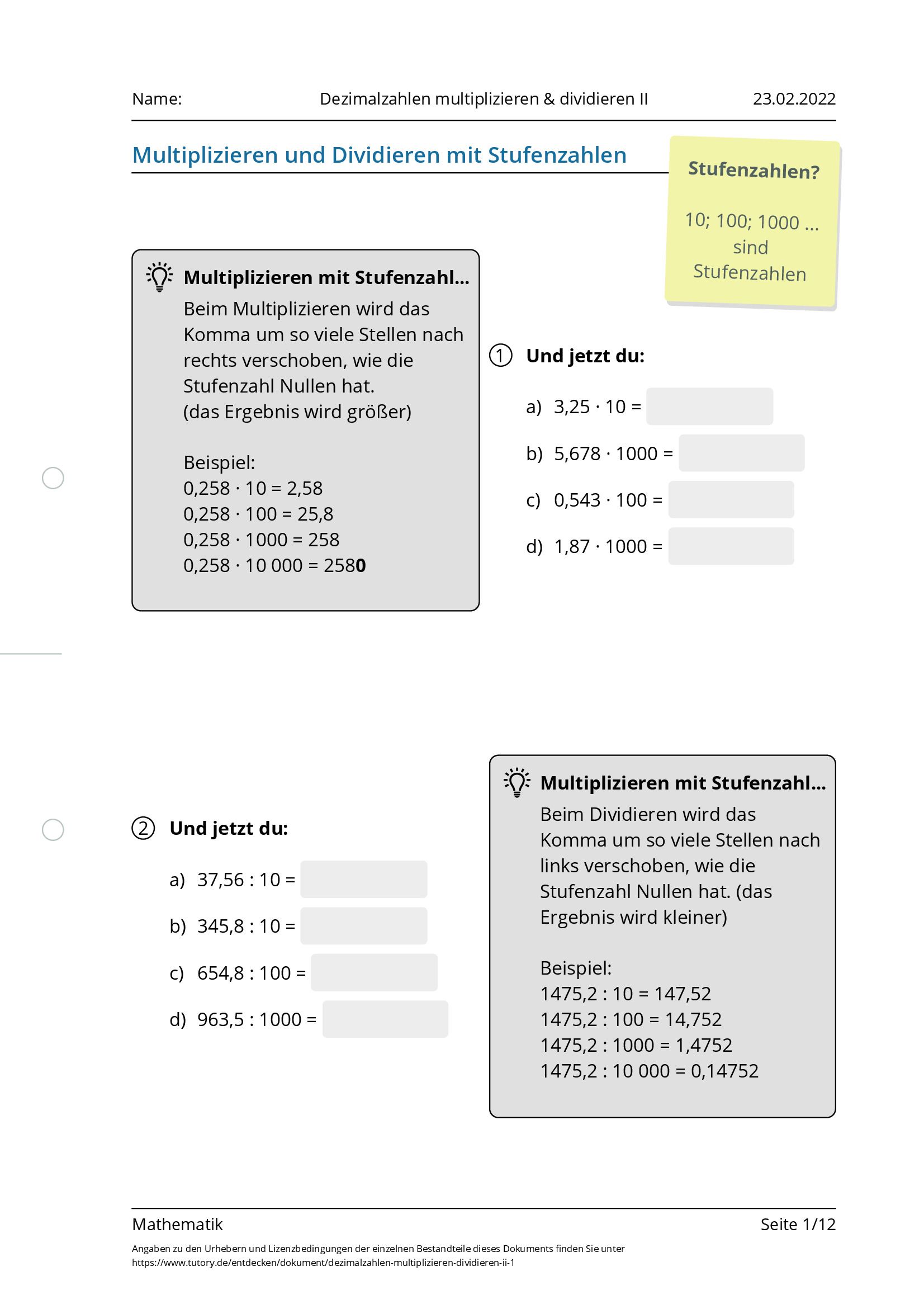 Arbeitsblatt - Dezimalzahlen Multiplizieren & Dividieren II ...