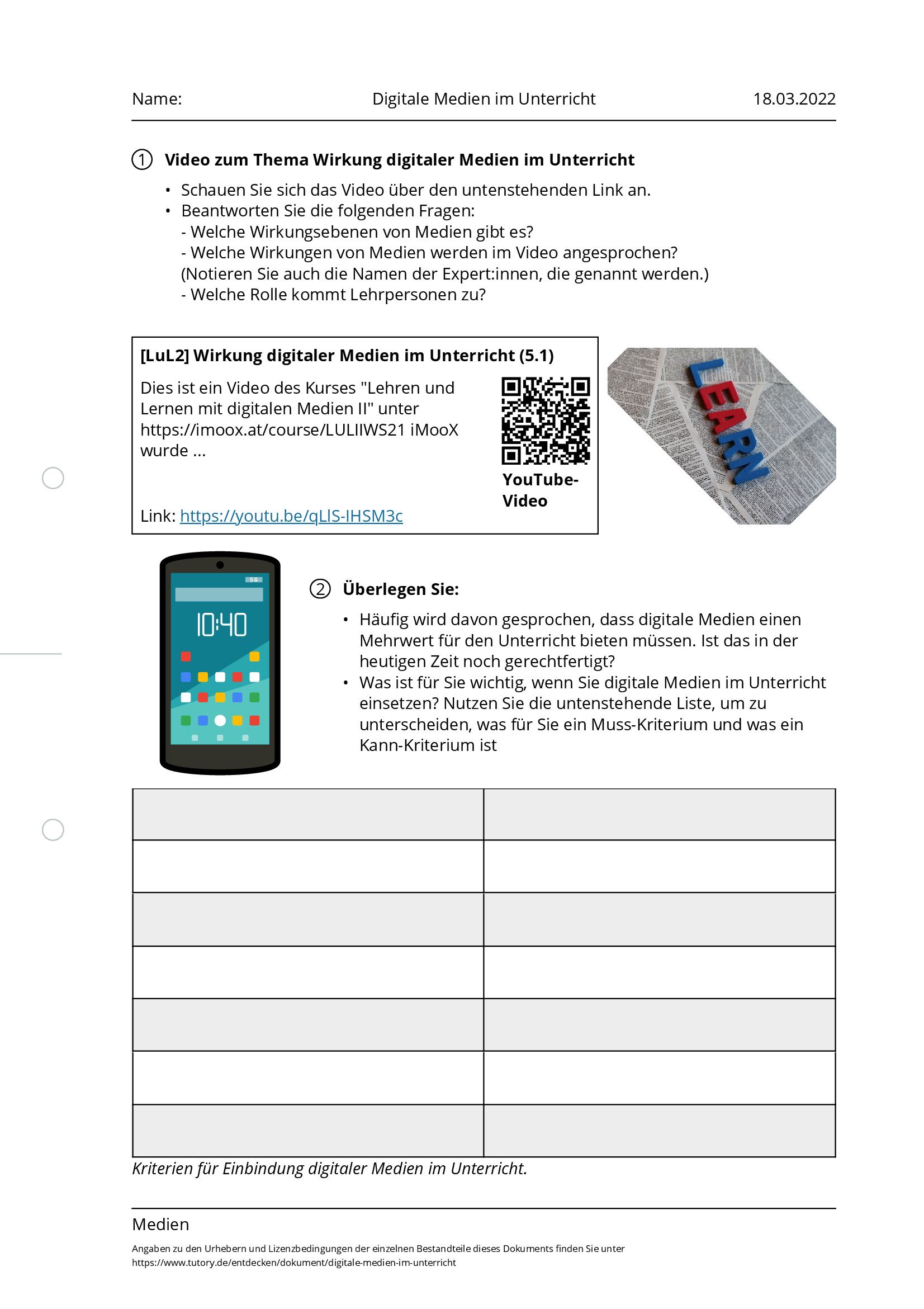 Arbeitsblatt - Digitale Medien Im Unterricht - Medien - Bachelor ...