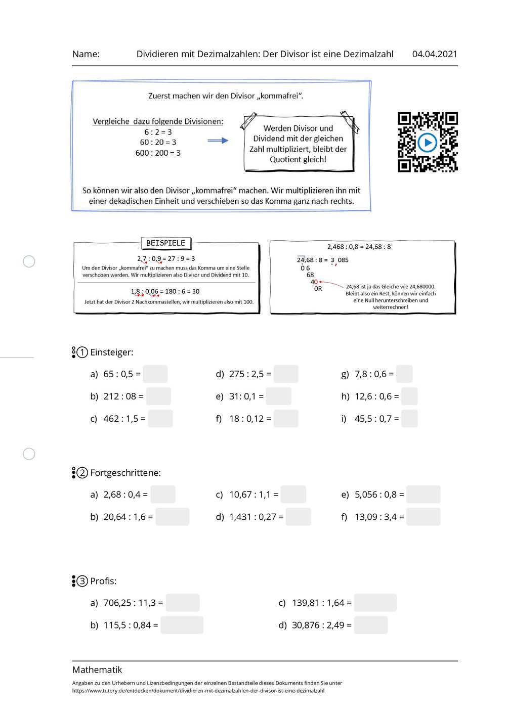 Dezimalzahlen Dividieren Arbeitsblatt
 Arbeitsblatt Divi ren mit Dezimalzahlen Der Divisor ist eine