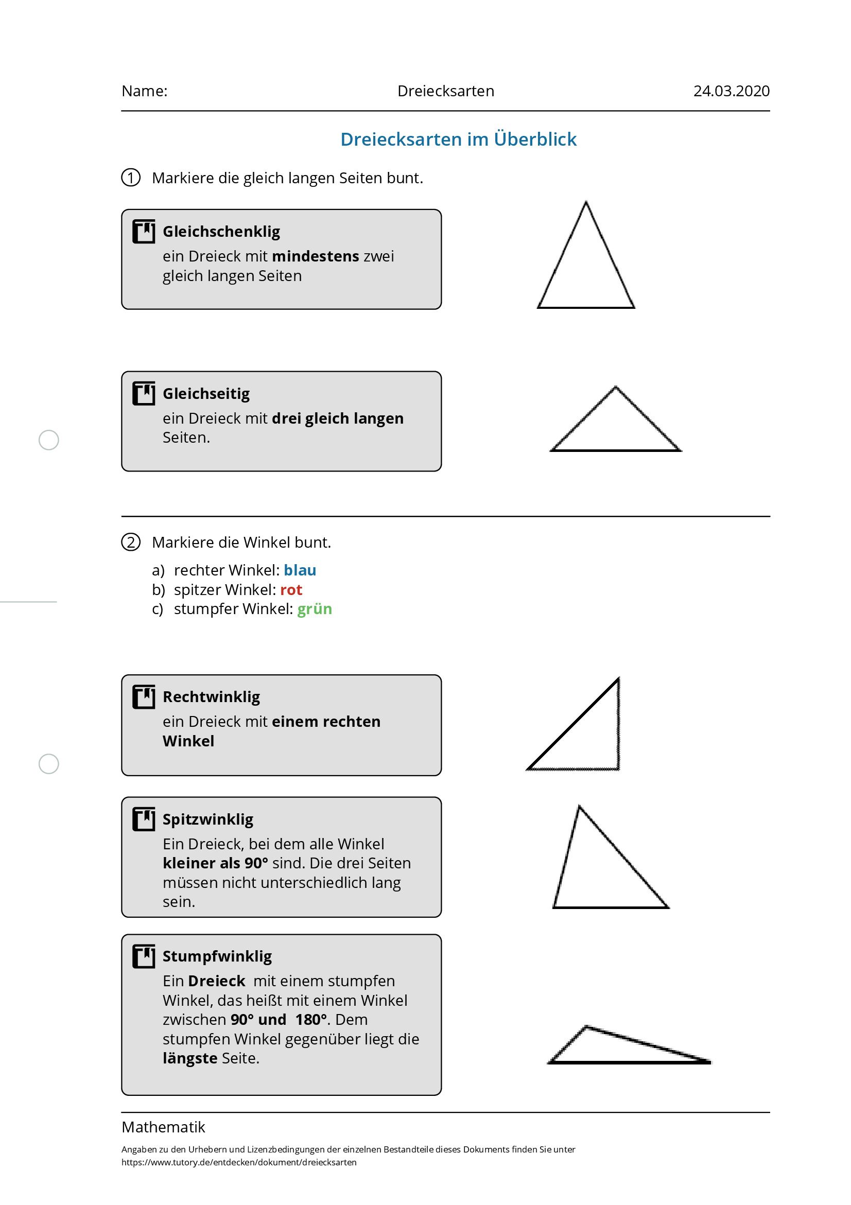 Arbeitsblatt - Dreiecksarten - Mathematik - Förderschule - Tutory.de