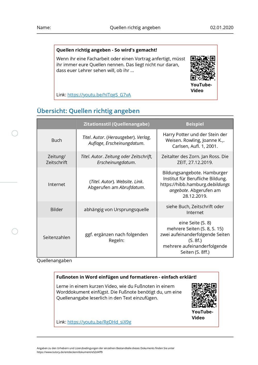 Arbeitsblatt - Quellen richtig angeben - tutory.de