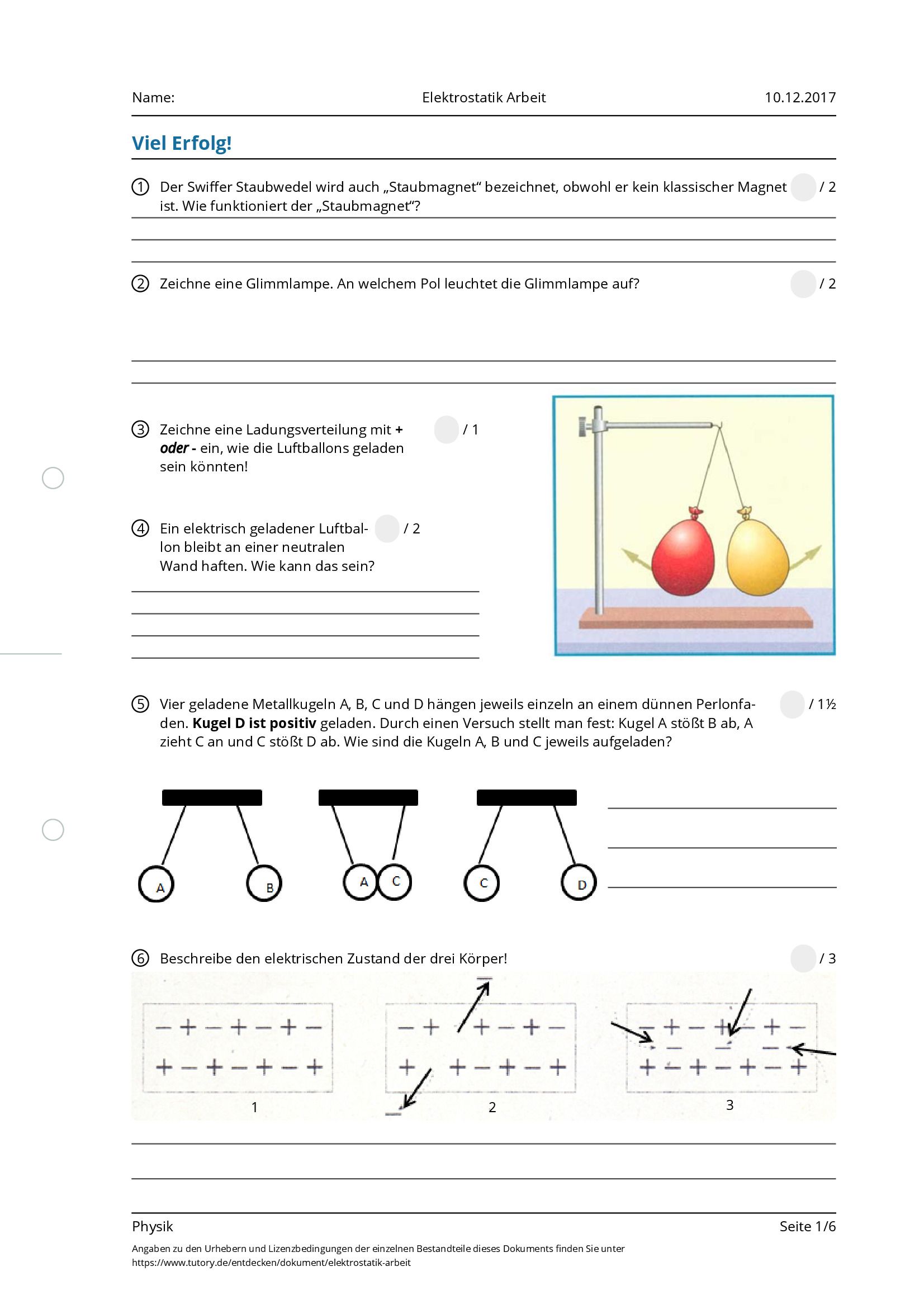 Arbeitsblatt - Elektrostatik Arbeit - Physik - Tutory.de