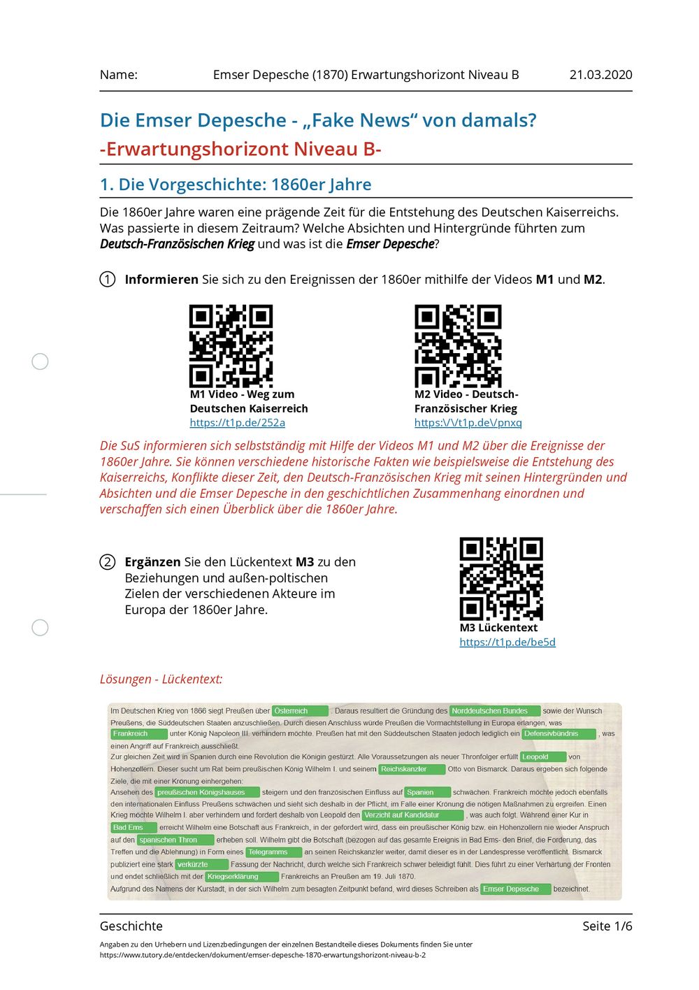 Arbeitsblatt Emser Depesche 1870 Erwartungshorizont Niveau B Geschichte Tutoryde 