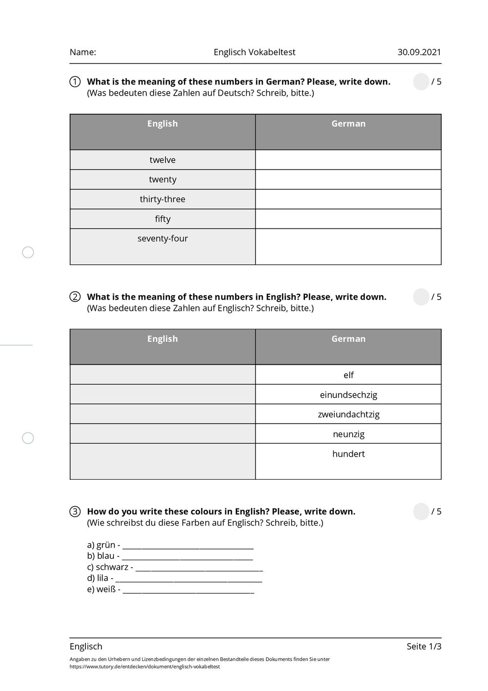 Arbeitsblatt Englisch Vokabeltest Englisch Tutoryde 9240