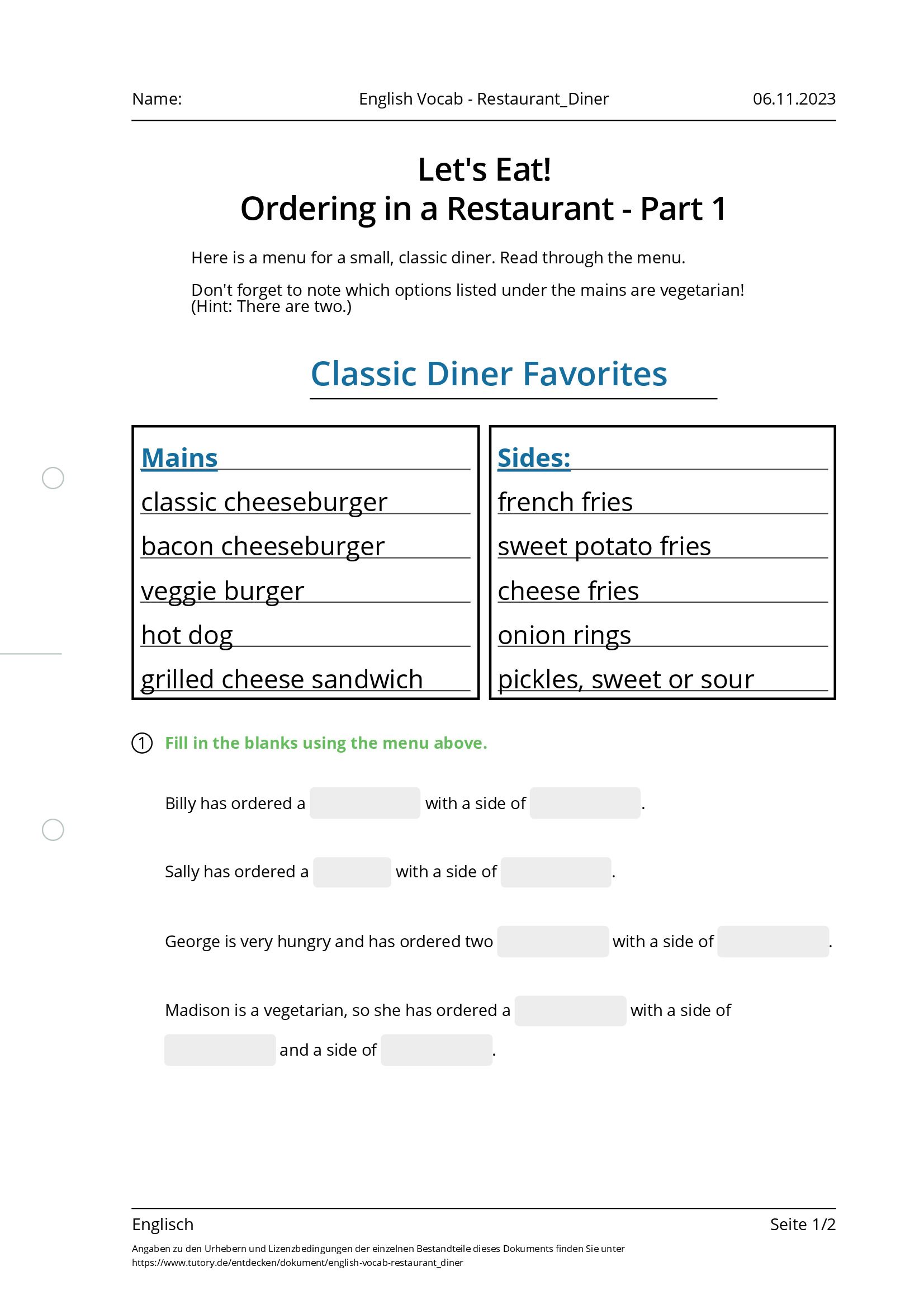 Arbeitsblatt - English Vocab - Restaurant_Diner - Englisch - Tutory.de