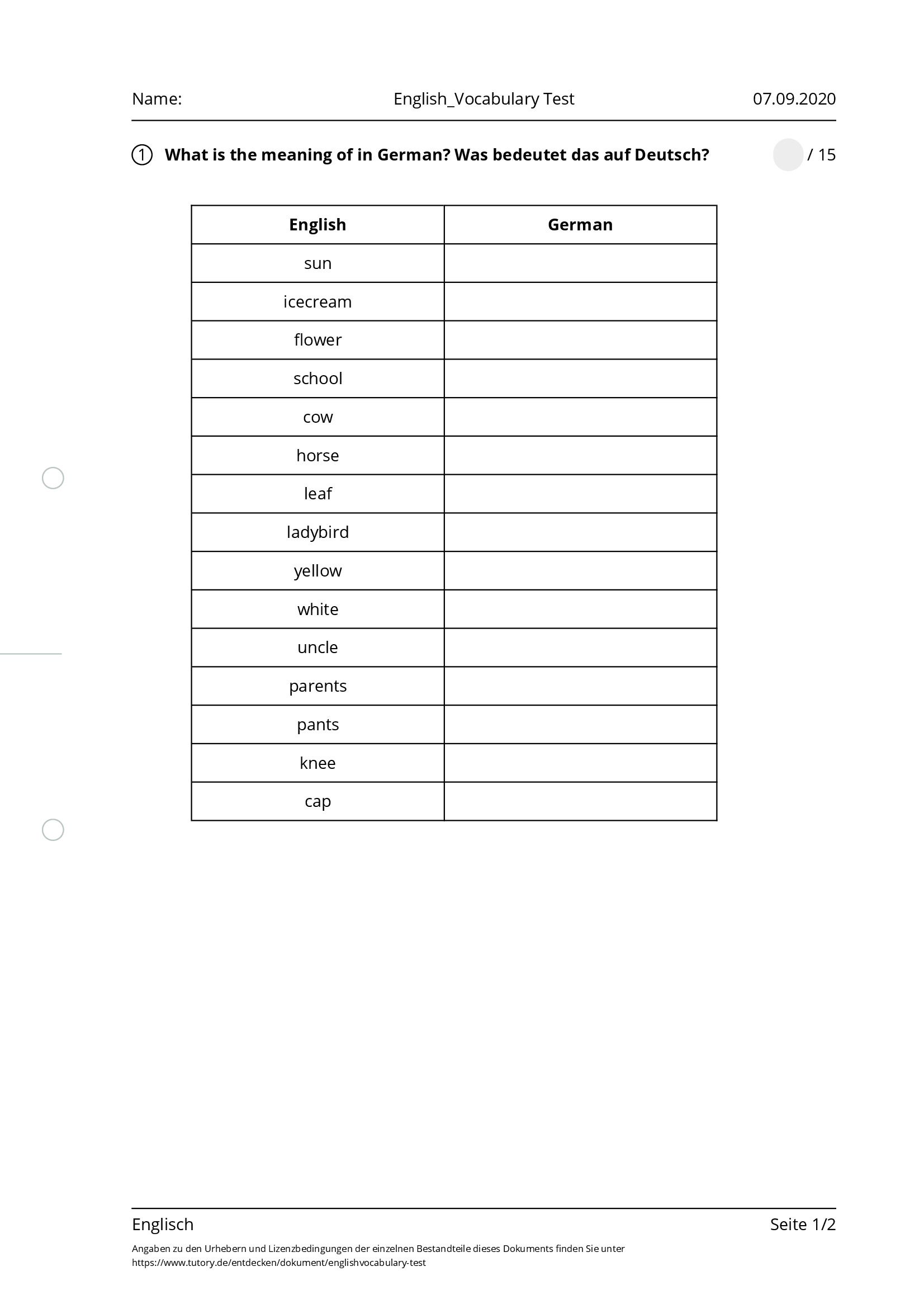 Arbeitsblatt - English_Vocabulary Test - Englisch - tutory.de