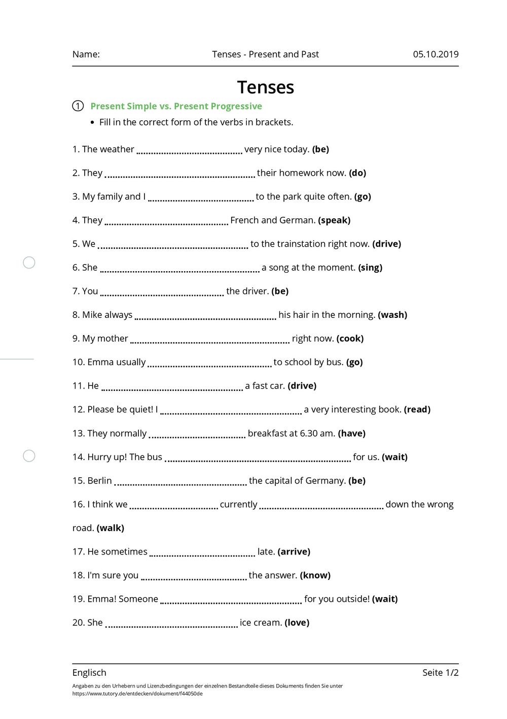 Arbeitsblatt - Tenses - Present and Past - Englisch - tutory.de