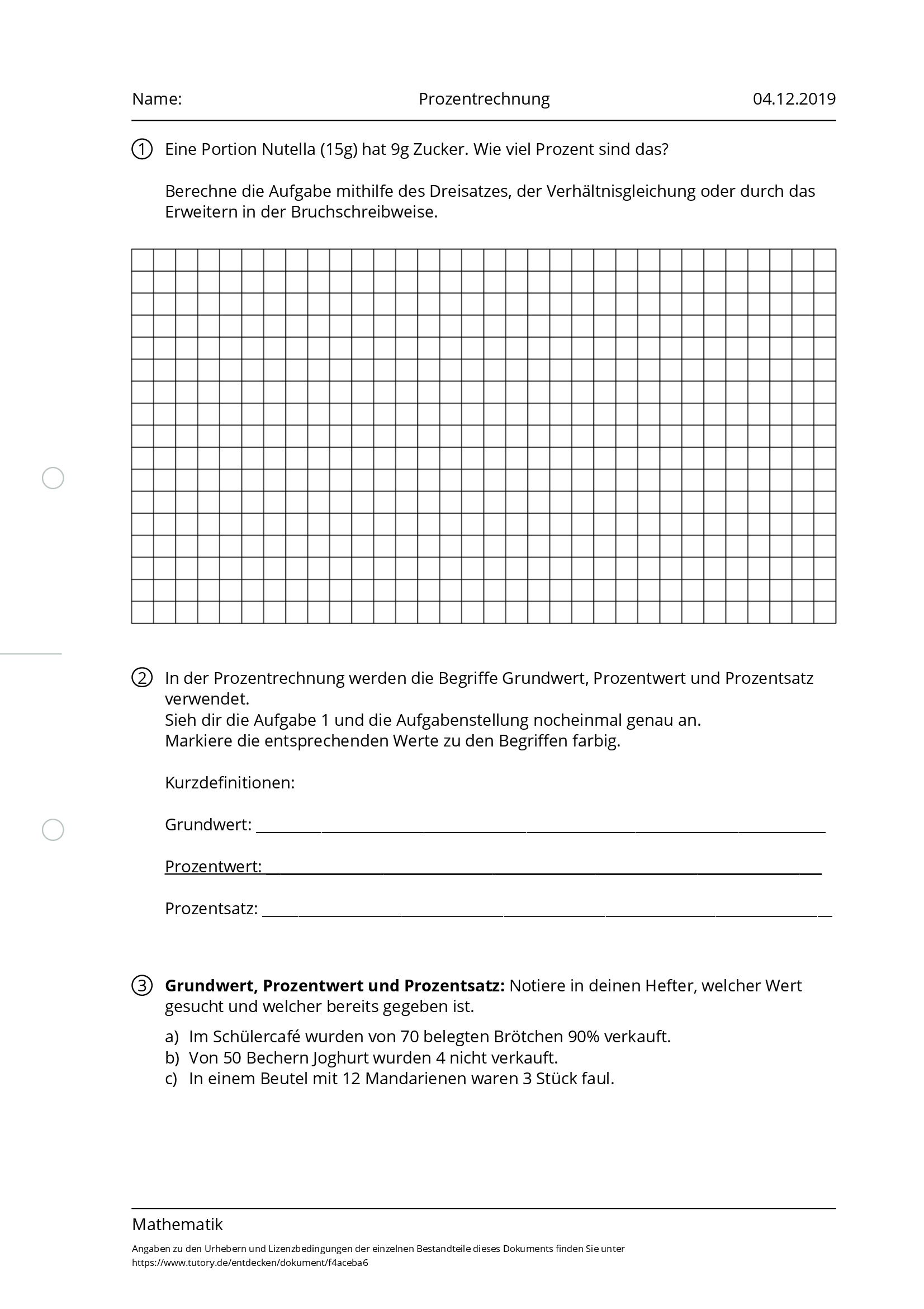 Arbeitsblatt - Prozentrechnung - Mathematik - tutory.de