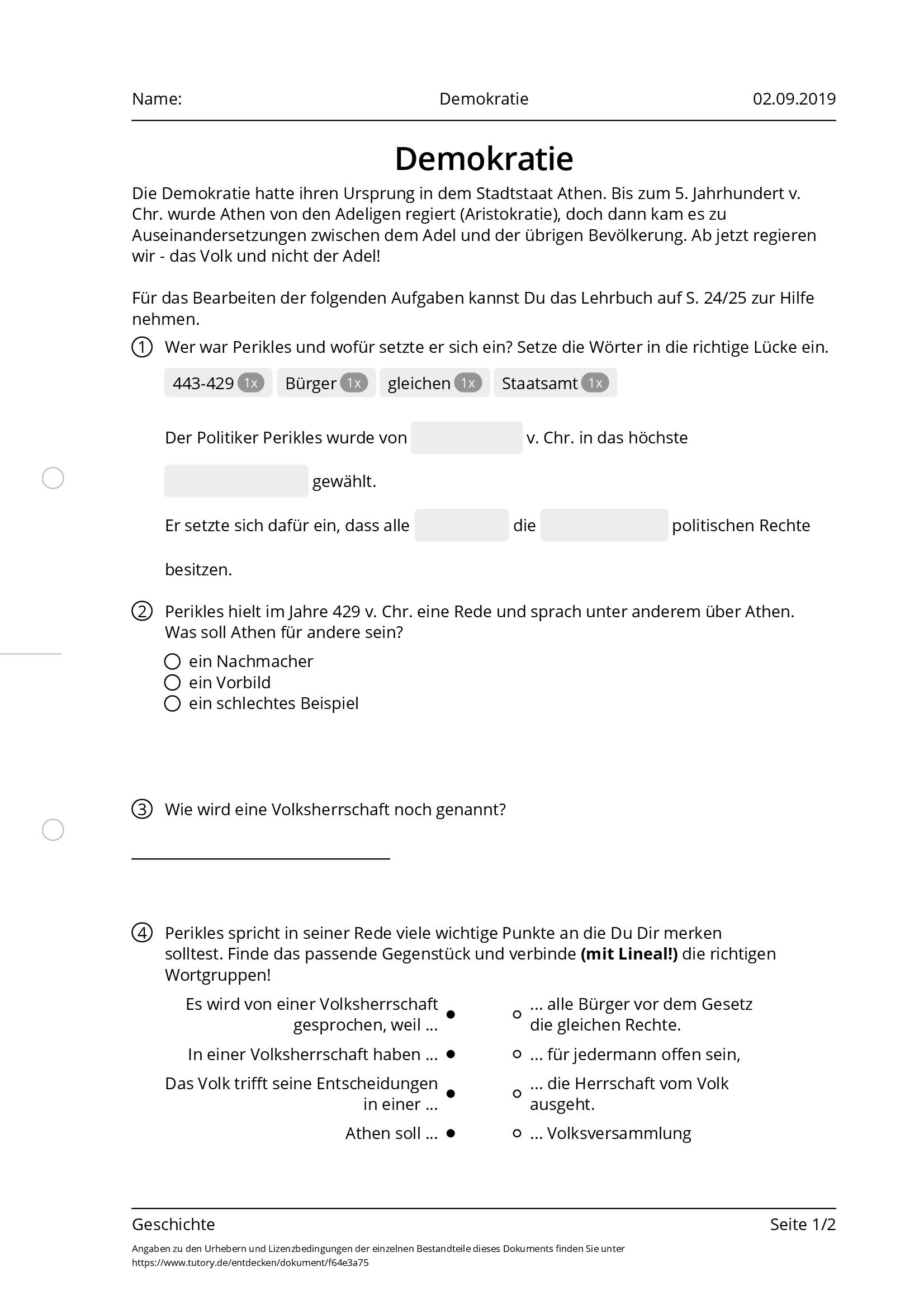 Arbeitsblatt - Demokratie - Geschichte - Tutory.de
