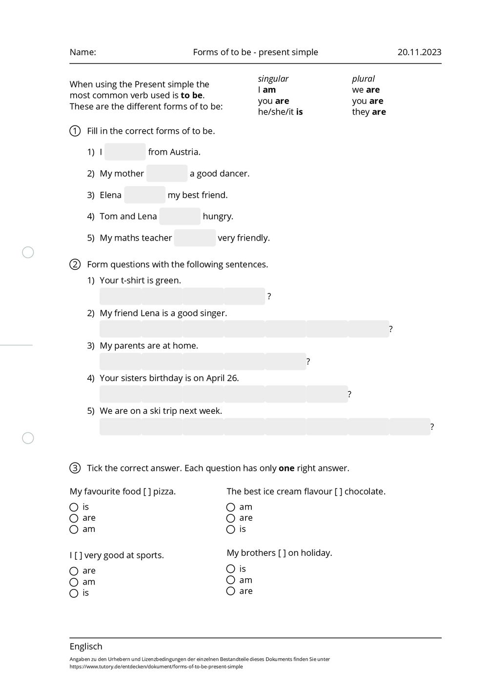 Arbeitsblatt - Forms Of To Be - Present Simple - Englisch - Tutory.de