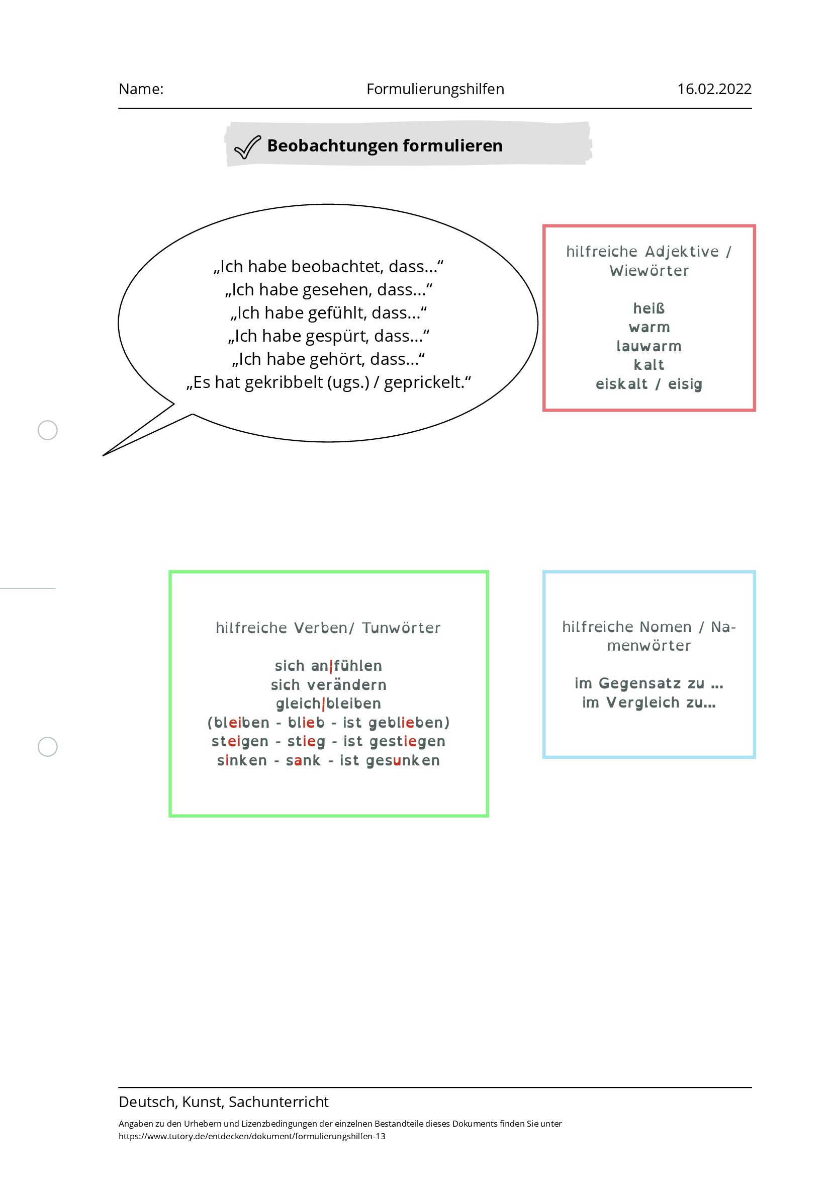 Arbeitsblatt - Formulierungshilfen - Deutsch & Kunst & Sachunterricht ...
