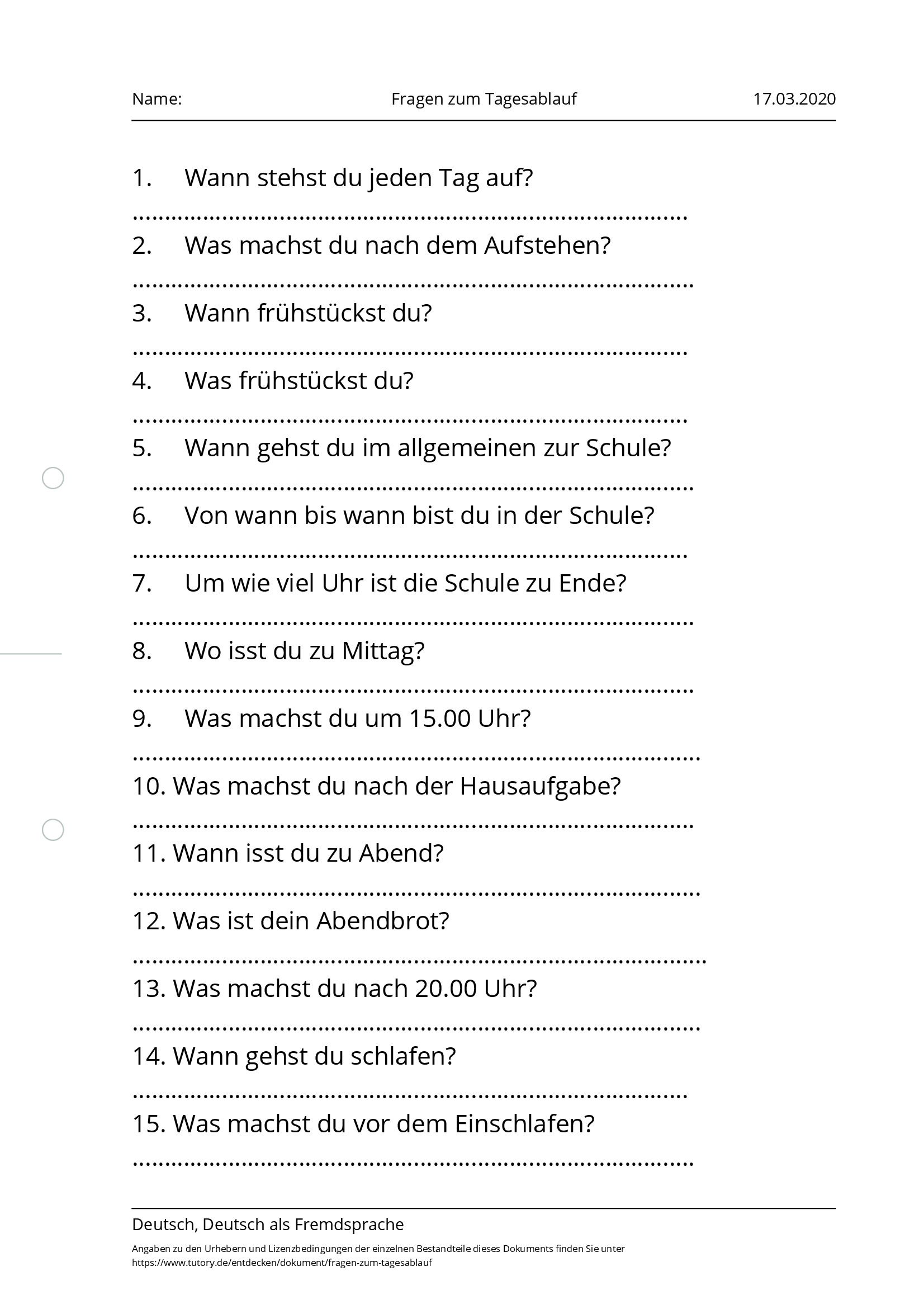 Arbeitsblatt - Fragen Zum Tagesablauf - Deutsch & Deutsch Als ...