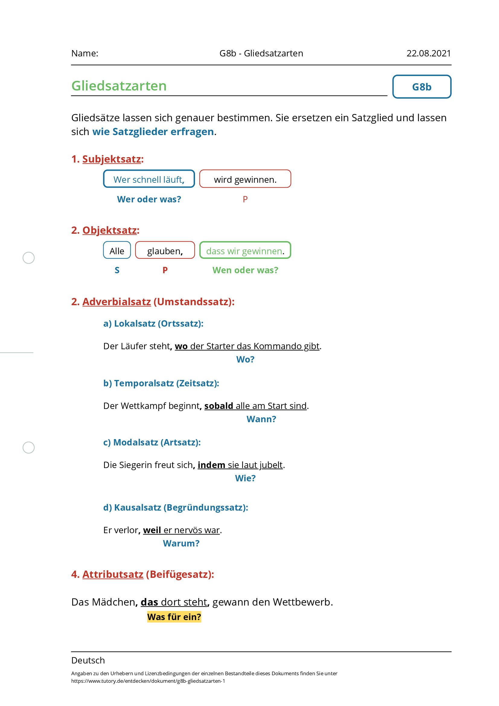 Arbeitsblatt - G8b - Gliedsatzarten - Deutsch - Tutory.de