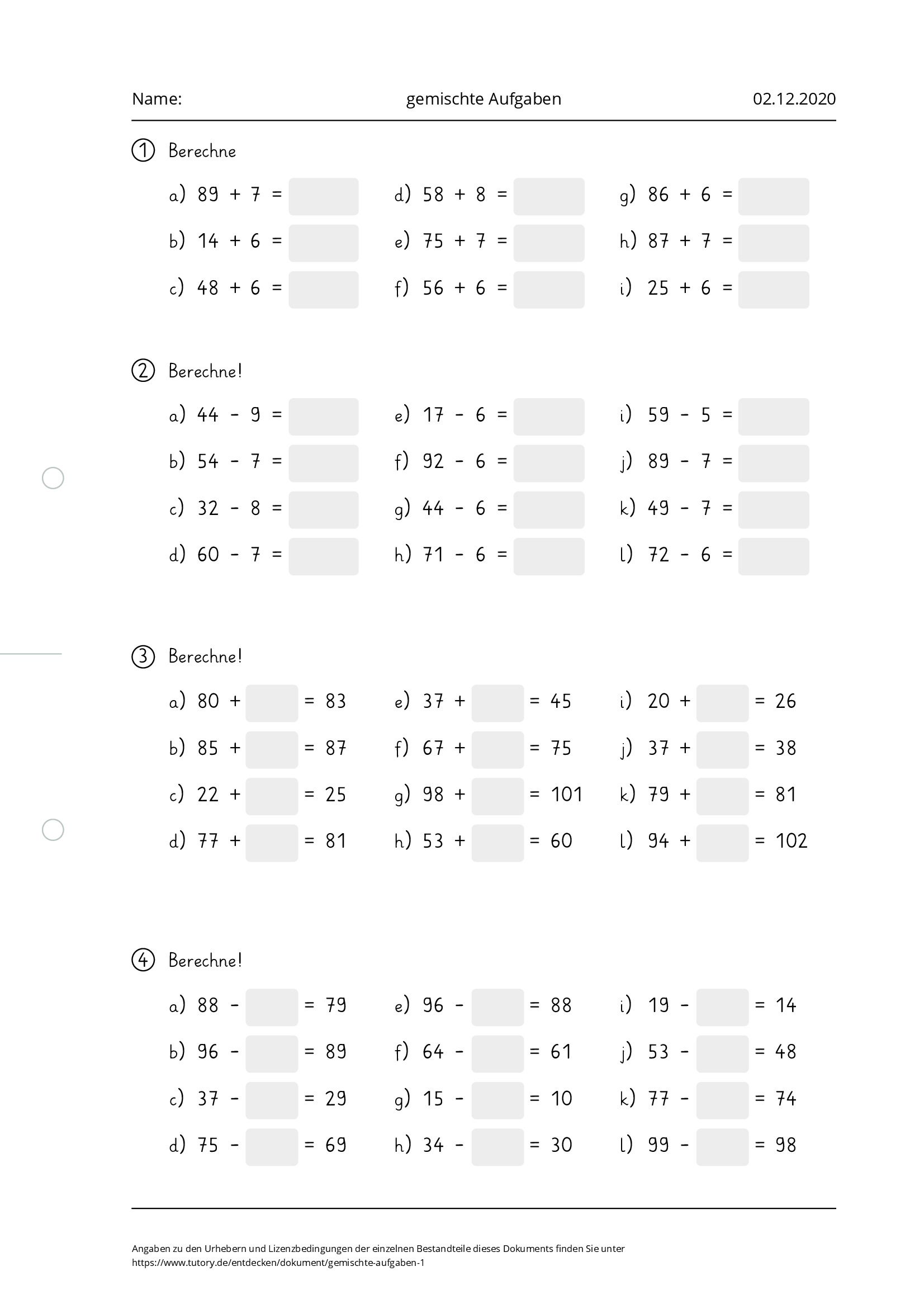 Arbeitsblatt - Gemischte Aufgaben - Tutory.de